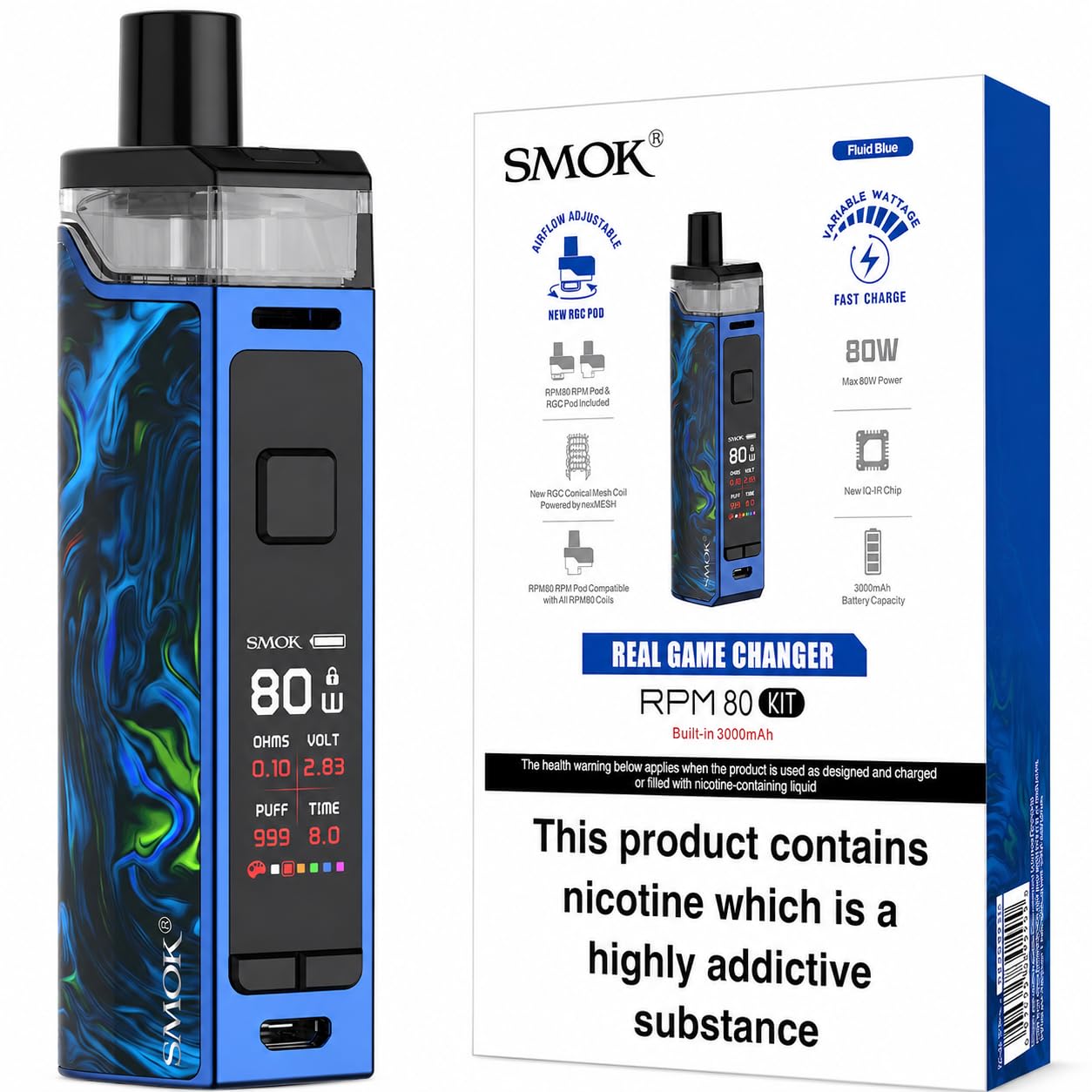 SMOK RPM 80 Refillable Pod Vape Kit [Fluid Blue] - Big 3000mAh Battery,  Compact, Perfect Balance of Power and Portability, Compatible with RPM  Coils, Rechargeable E Cigarettes, No Nicotine: Amazon.co.uk: Electronics &