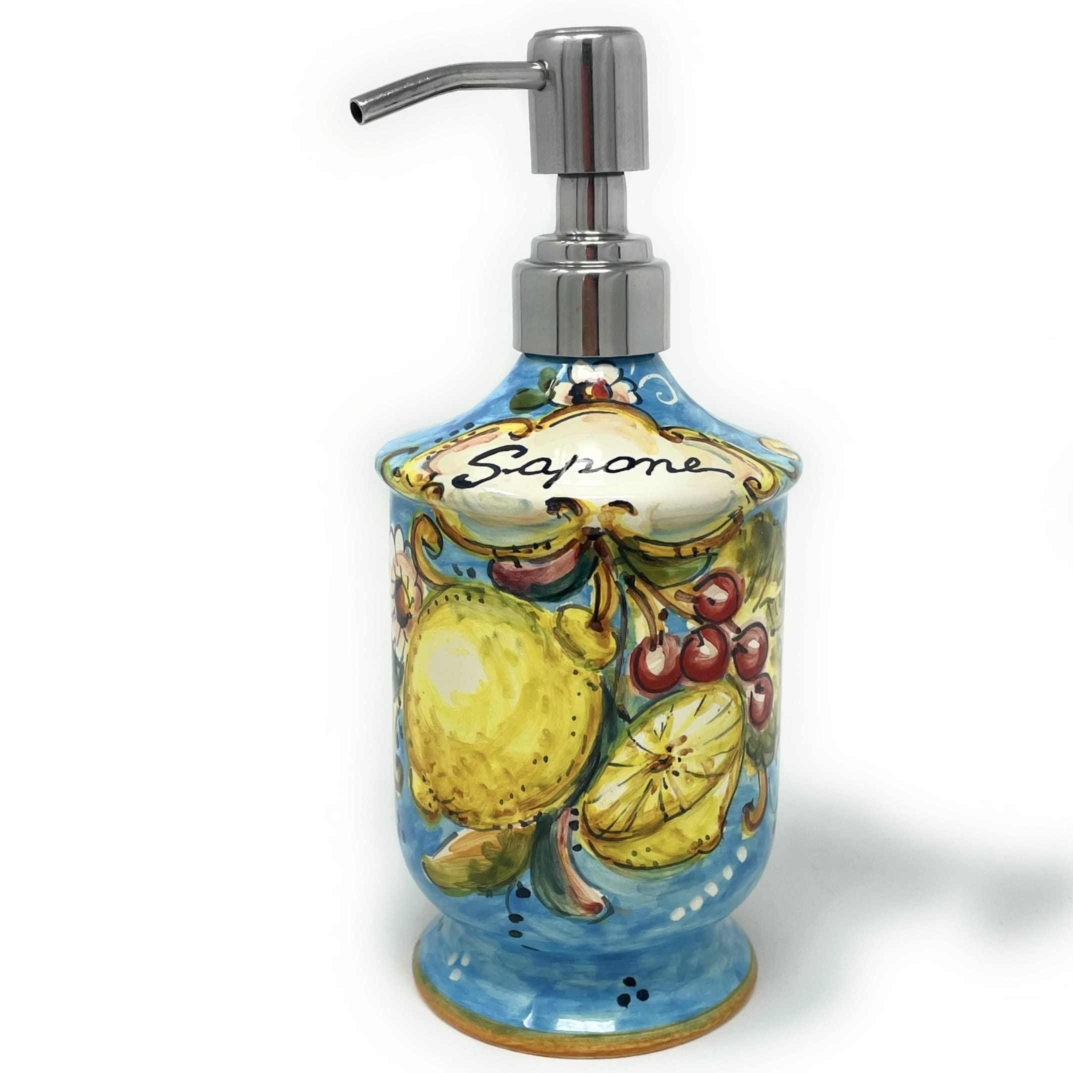 CERAMICHE D'ARTE PARRINI - Italian Ceramic Soap Dispenser with Rust Proof Stainless for Bathroom,Kitchen Hand Painted Pattern Lemons Amalfi Made in ITALY
