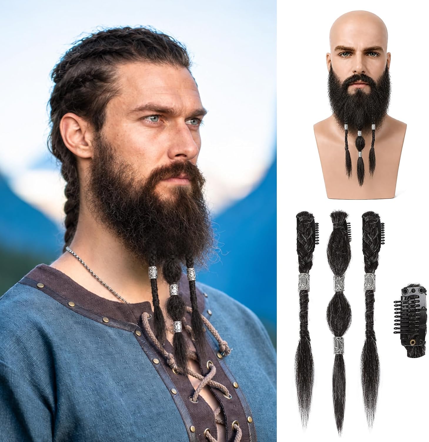 NTYNTY 3 Pcs Viking Beard Braids for Men - Clip-in Beard Hair Extensions