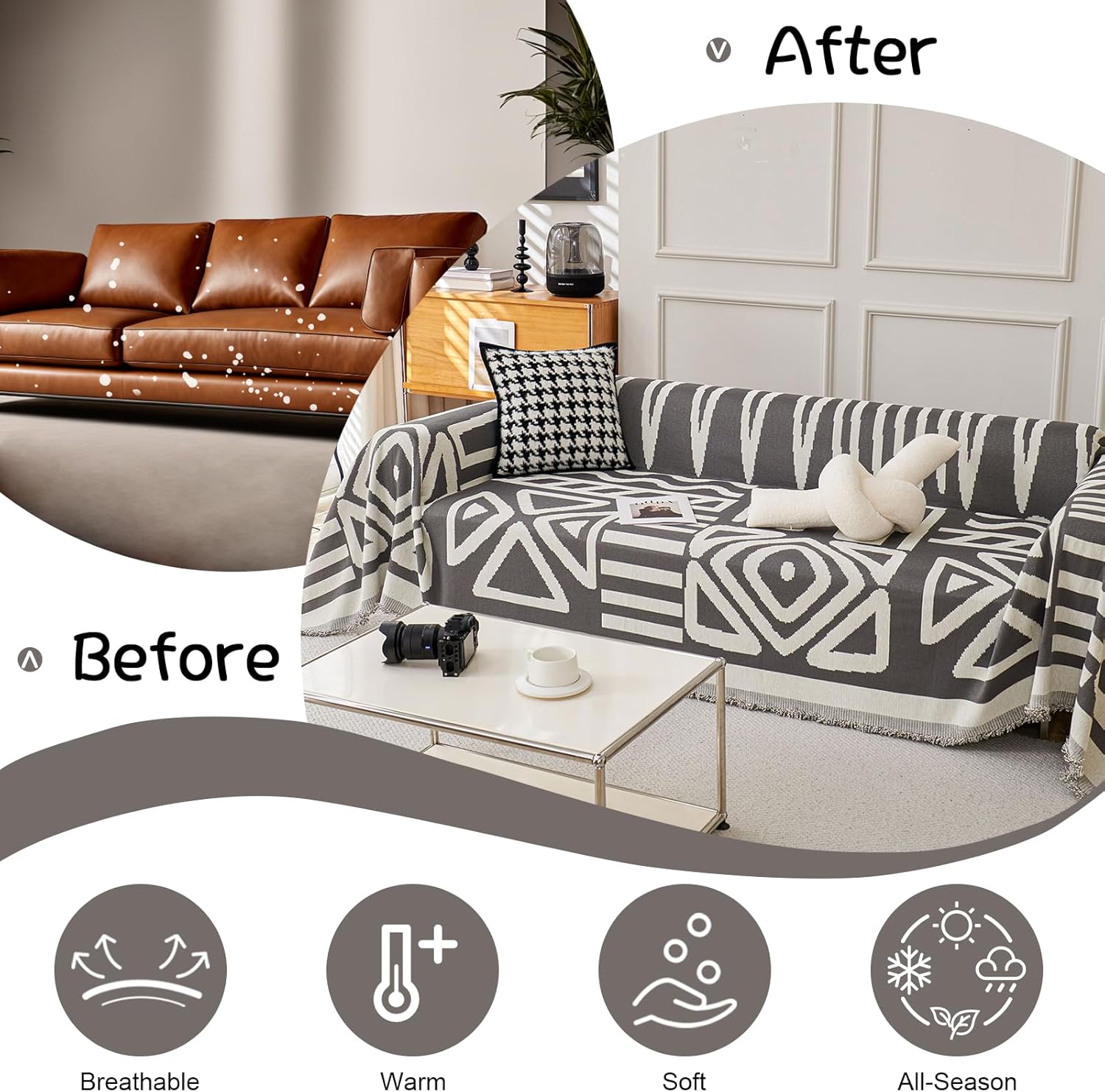 VClife Boho Couch Covers, Small Loveseat Cover for Dog, Anti Slip Couch Covers for 2 Cushion Couch Sofa, Soft Chenille Sofa Cover for L Shape Sofa, Large Recliner Futon Cover, Dark Gray, 71"x102"