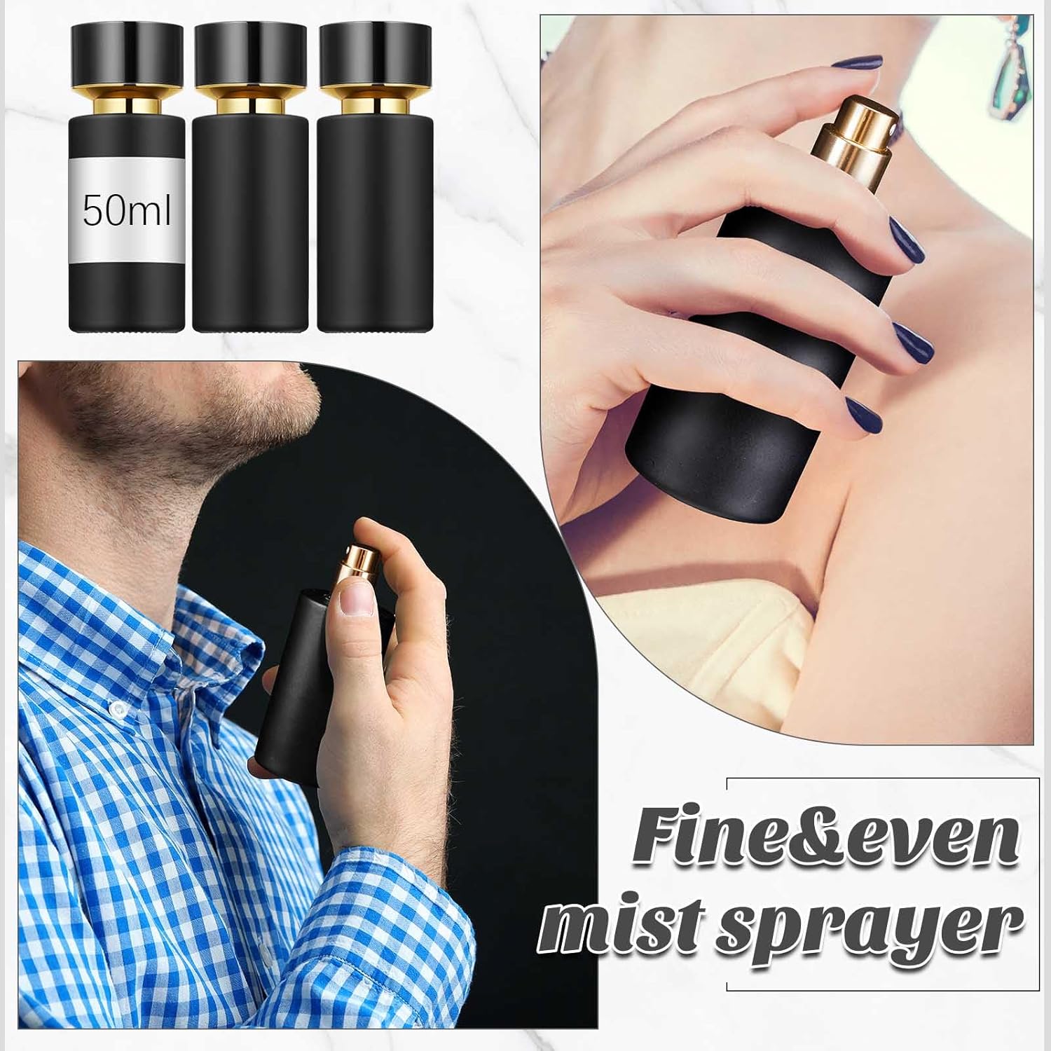 Teenyyou 6 Pack 50 ml Glass Perfume Bottles and Refill Tools Set, Travel Perfume Atomizer Spray Bottles, Portable Empty Refillable Atomizer Decanters with Dispenser Transfer Kit (Black)