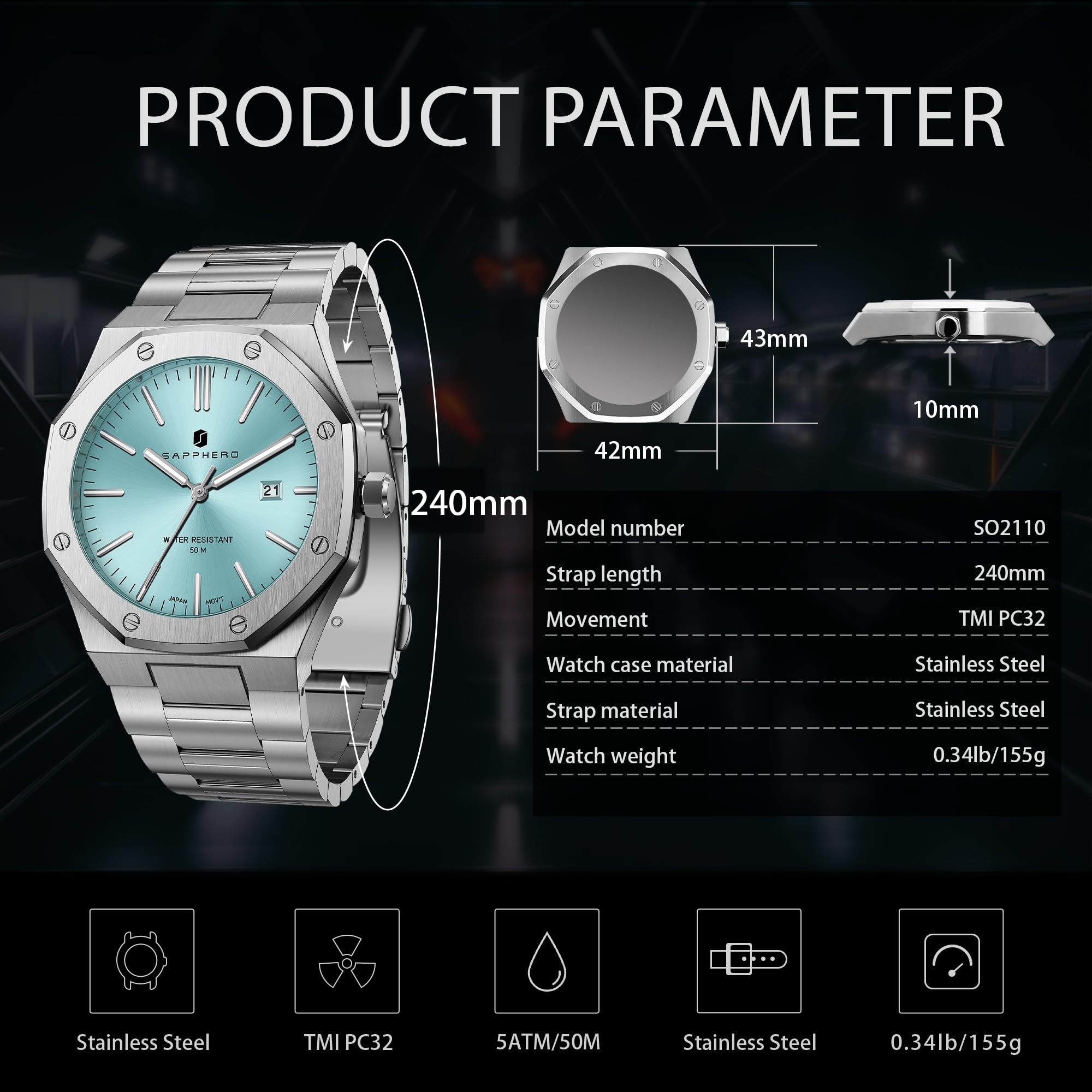SAPPHERO Uhren Herren Quarzwerk Silber Edelstahl Armband 50M Wasserdicht Datum Kalender Schwarz Blau Herrenuhren Armbanduhr Geschenke für Männer