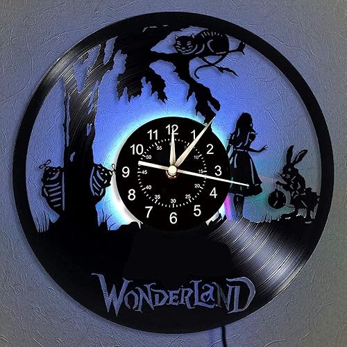 Reloj de pared con disco de vinilo, en el país de las maravillas LED de 7 colores, reloj de pared vintage, hecho a mano, decoración de pared para el
