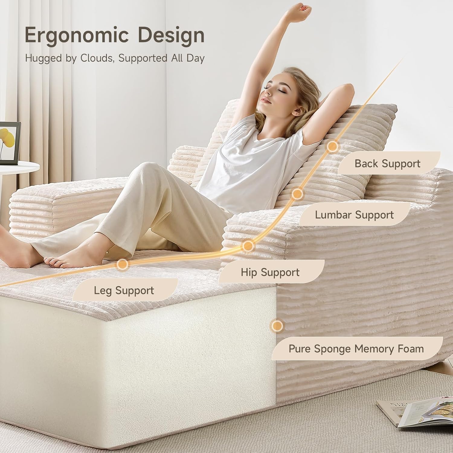 65" Chaise Lounge Chair Indoor,Oversized Upholstered Corduroy Sofa Bed, Cloud Sleeper Chairs with Throw Pillows&Wide Armrests,Couches for Living Room,Bedroom,No Assembly Required