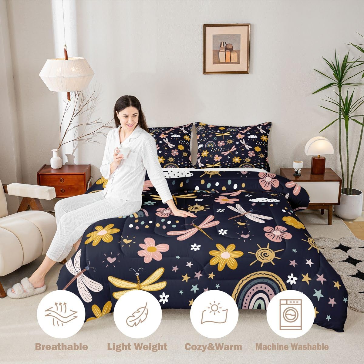 Erosebridal Rainbow Comforter Set, Cartoon Dragonfly Quilt Queen Size for Kids Girls Women Adult, Pink Flower Floral Duvet Insert Kawaii Iridescent Bedding Set 3Pcs with 2 Pillow Cases, Black Yellow