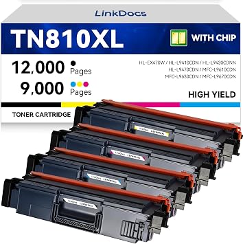 LinkDocs TN810XL High Yield Toner Cartridge Replacement for Brother TN-810 TN810 TN-810XL Used with Brother MFC-L9610CDN HL-EX470W HL-L9410CDN HL-L9430CDN HL-L9470CDN Printer 4 Color Pack