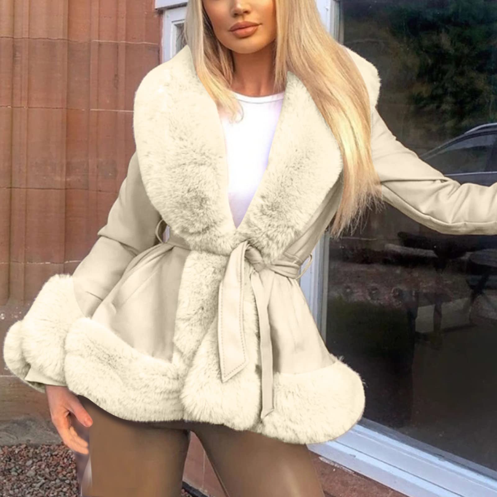 Cappotto invernale da donna lungo – cappotto in ecopelle da donna con pelliccia collo a scialle cintura giacca cappotto con pelliccia sintetica parka lungo cappotto esterno trench in similpelle