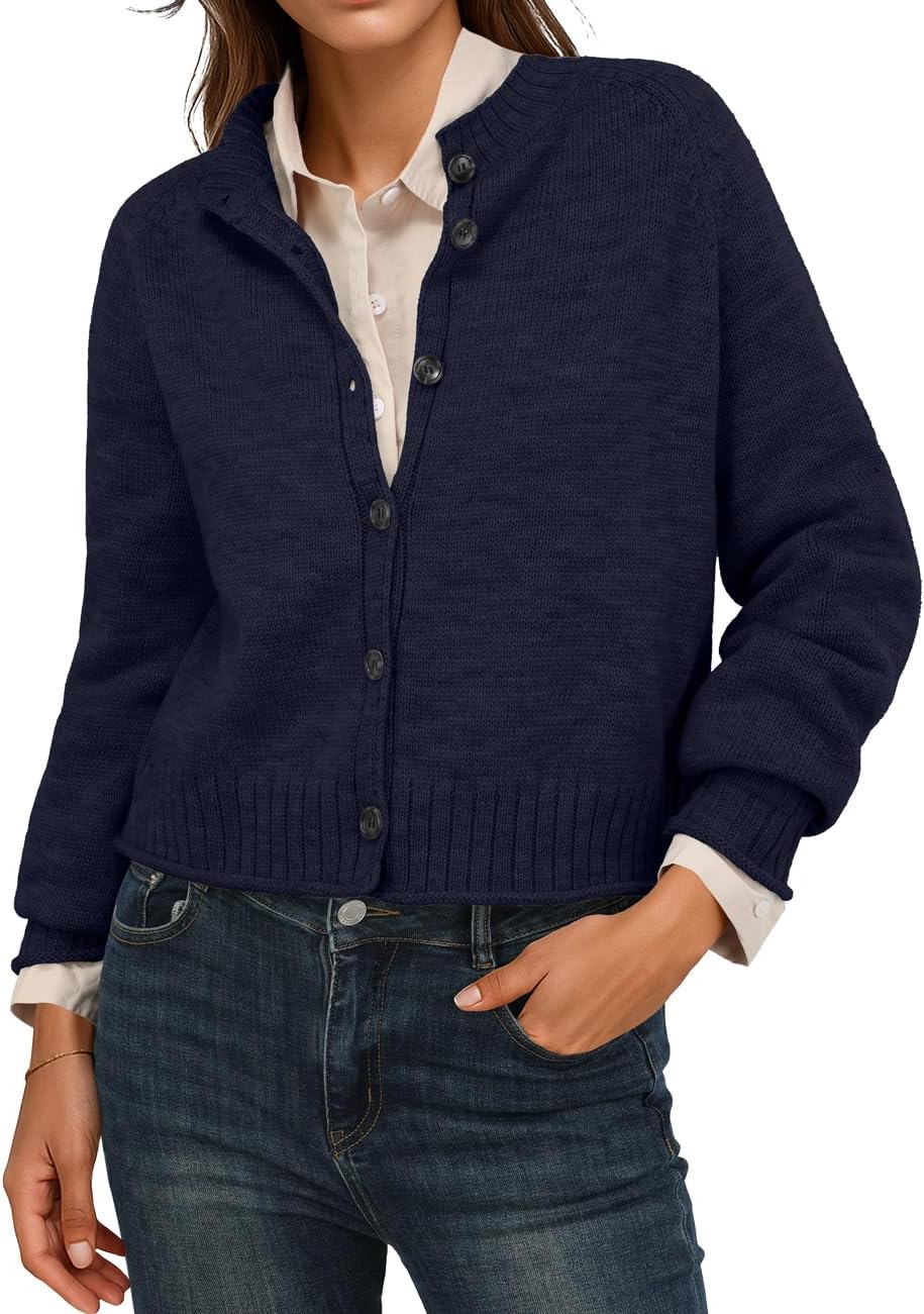 GRECERELLE Womens Cardigan Sweater Open Front Long Sleeve Crew Neck Button Down Knit Casual Jacket, S-2XL