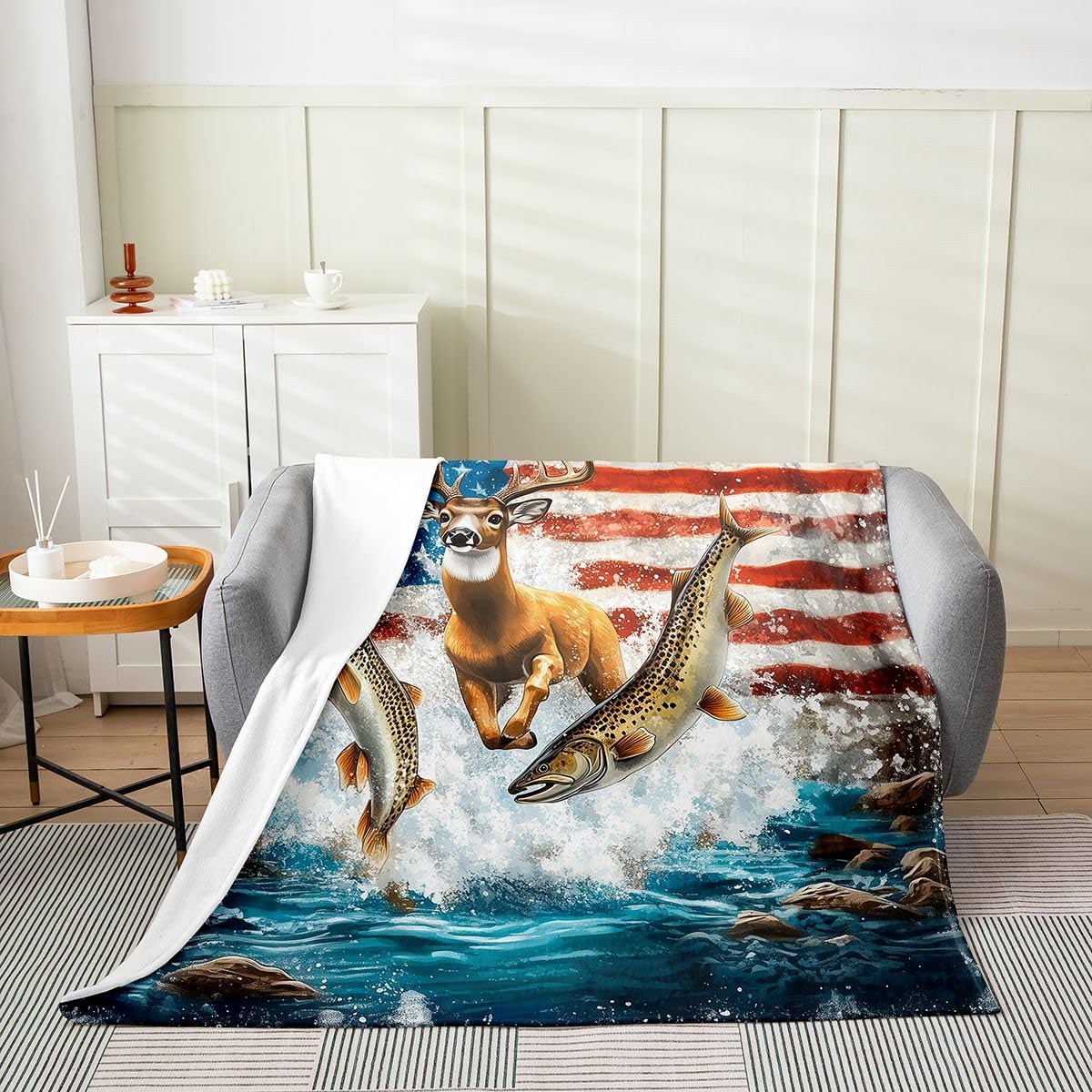 Erosebridal Kids Hunting Deer Fish Flannel Blanket Twin 60x80 American Flag Fleece Blanket for Sofa Couch Microfiber Pike Fish Fuzzy Plush Throw Soft Warm Lakeside Wildlife Pattern