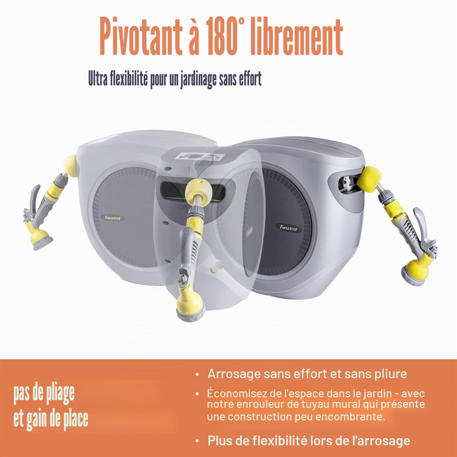 FANZTOOL Ensemble de bobine de tuyau de 35+2 m avec support mural, incluant une douchette multi-fonctions à 8 fonctions | Enroulement automatique | Pivotant à 180° | Tuyau de jardin certifié RoHS