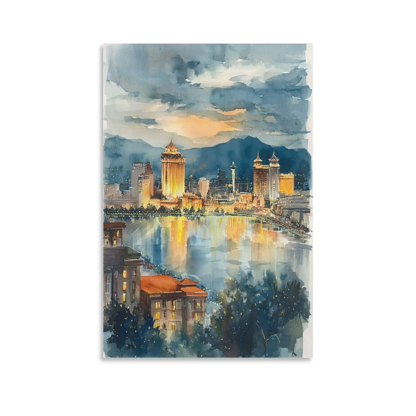 XWYMXZ Las Vegas Watercolor Lake 20x30inch(50x75cm) Vintage Travel Poster Watercolor Canvas Art