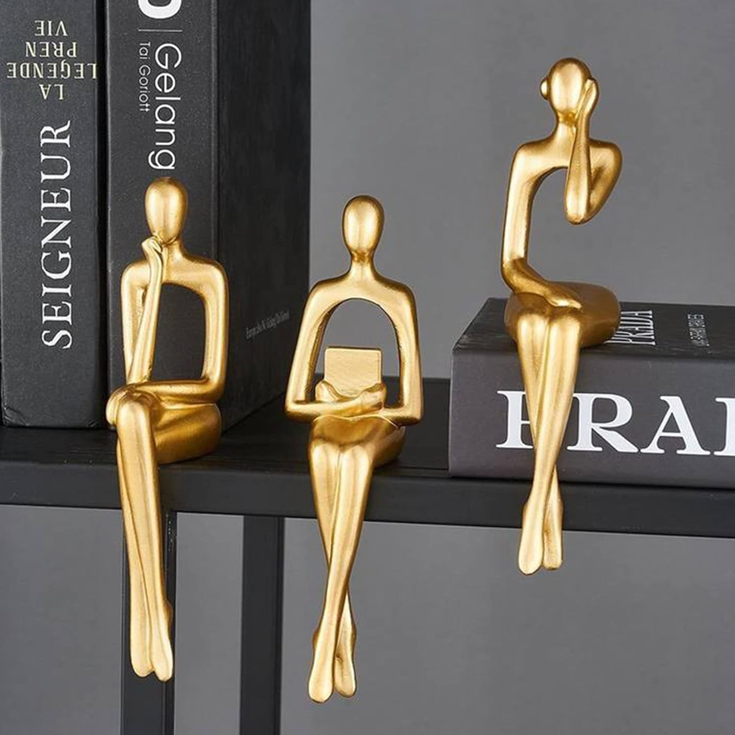 P PIPITA Set of 3 Golden Resin Collectible Figurines for Home Living Room Office Shelf Decoration,Gold Decor Thinker Statue Abstract Art Sculpture,Modern Bookshelf Decor, ZSYX-ZT-3PC