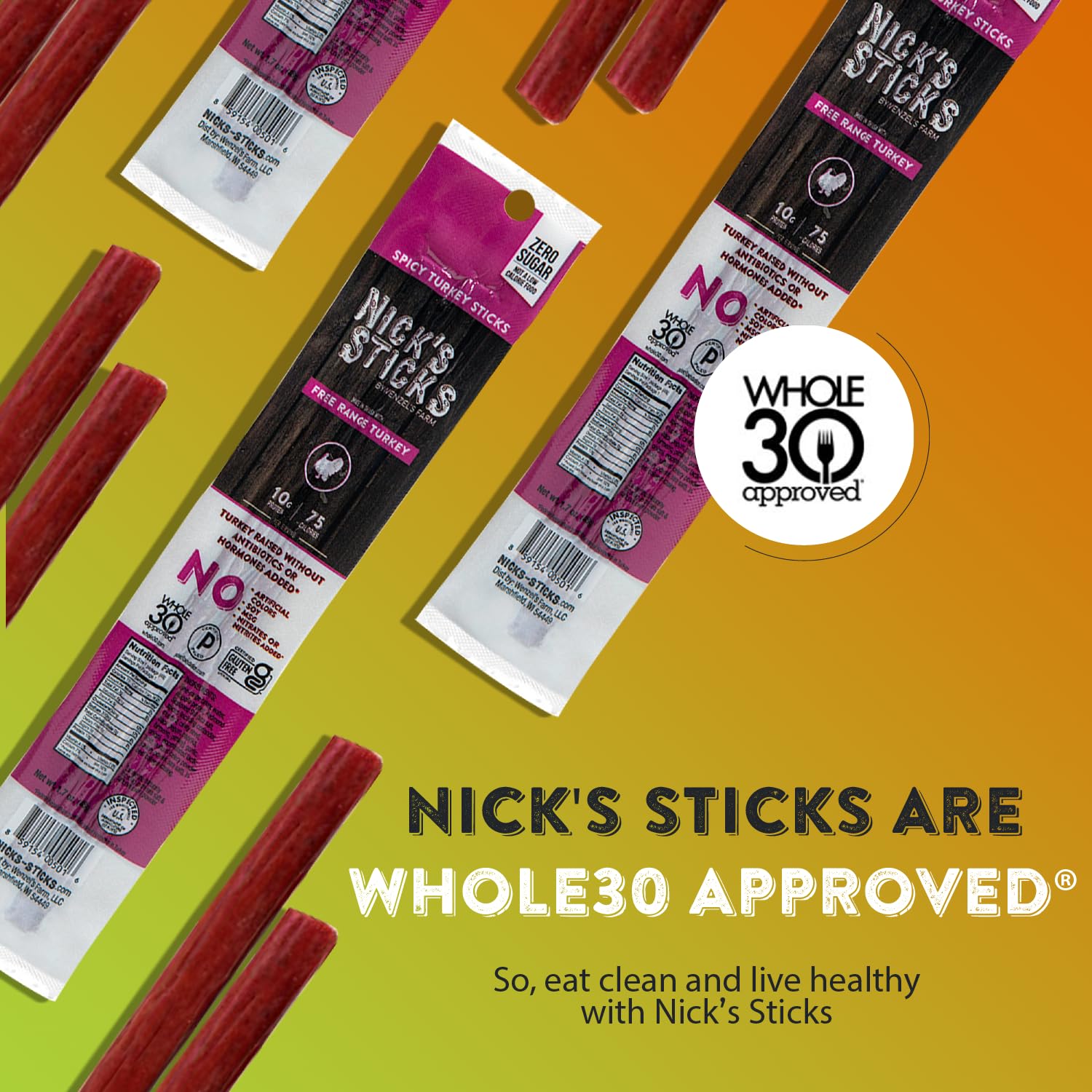 Nick's Sticks Clean & Balanced Spicy Free Range Turkey Snack Sticks | Made in the USA | Gluten Free | Paleo | Keto | Whole30 Approved |No Soy, Antibiotics or Hormones (25 – 1.7oz. Packs of 2 Sticks)