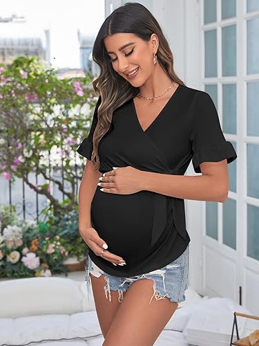 Miniatura 4 de SOLY HUX Women's Maternity Summer T Shirt Casual Ruffle Wrap V Neck Tie Front Pregnancy Tee Top