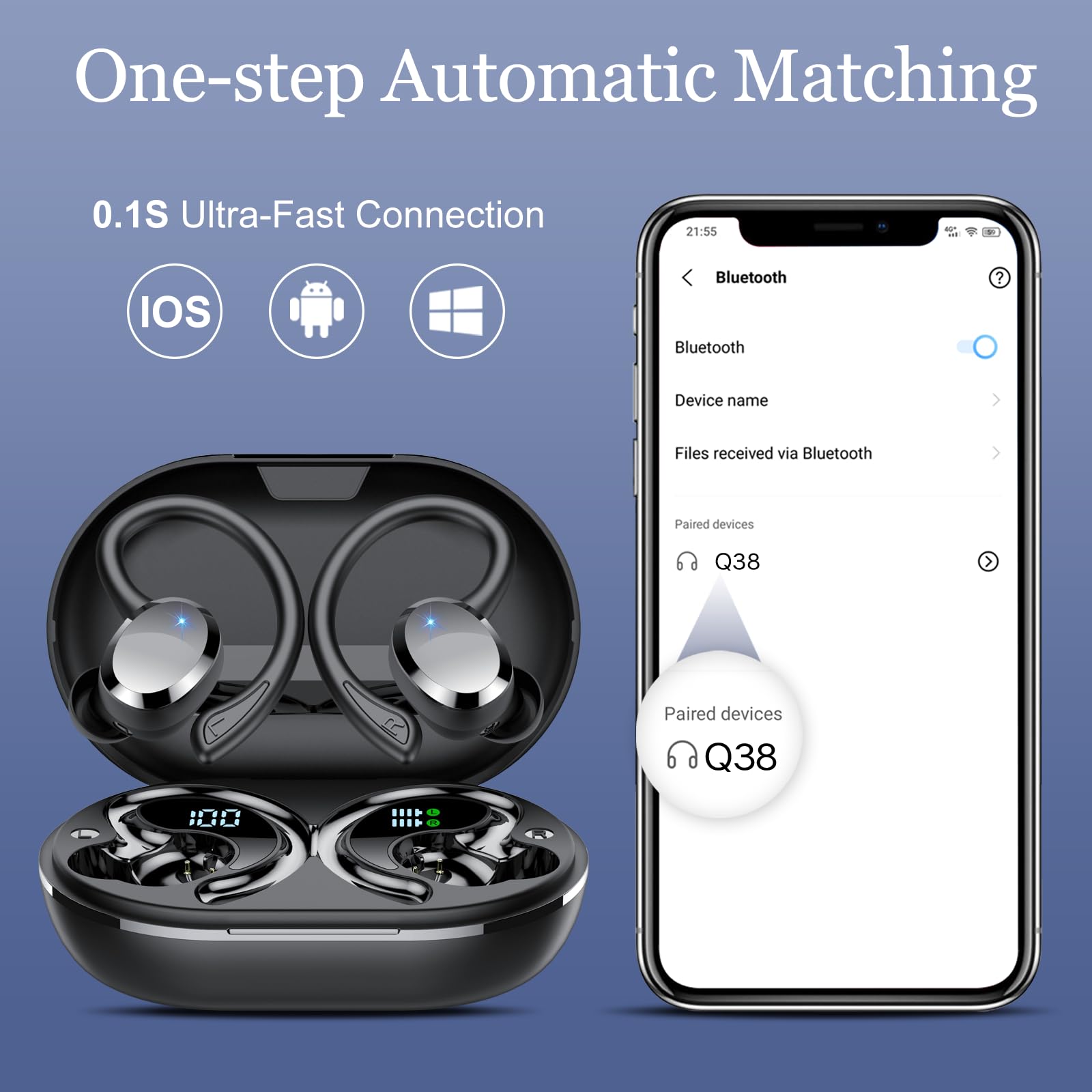 Auriculare Inalámbricos Deportivos, 2026 Nueva Auriculares Bluetooth 5.4 con HD Mic, 68H Cascos Inalambricos Bluetooth con Pantalla LED, IP7 Impermeable, Cancelacion Ruido ENC Auriculares Running