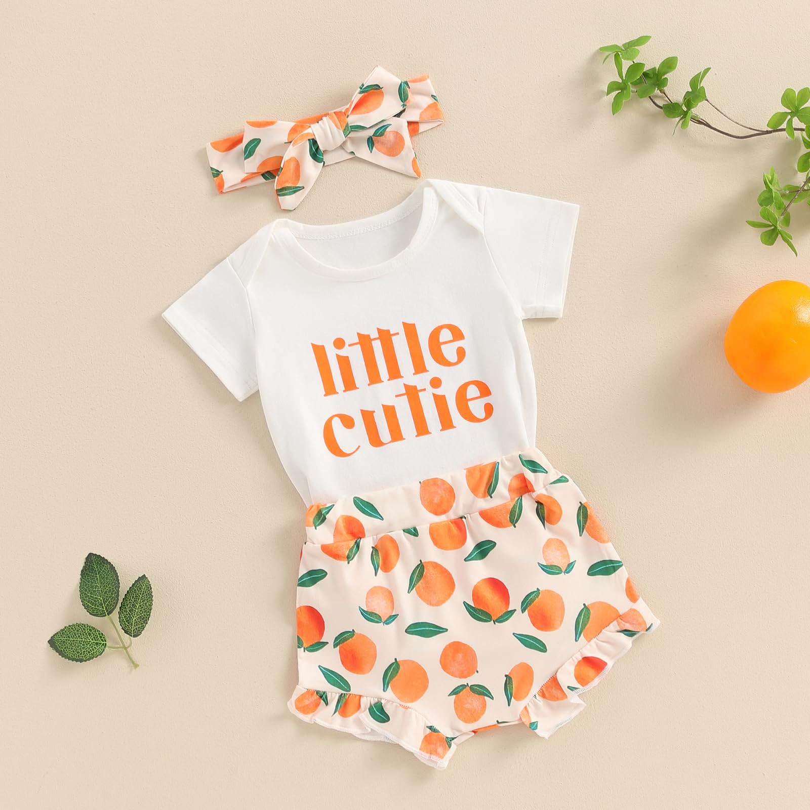 BSaogr Newborn Baby Girl Shorts Set Little Cutie Outfits Strawberry/Orange Short Sleeve Romper Frill Trim Shorts Headband (White, 0-3 Months)