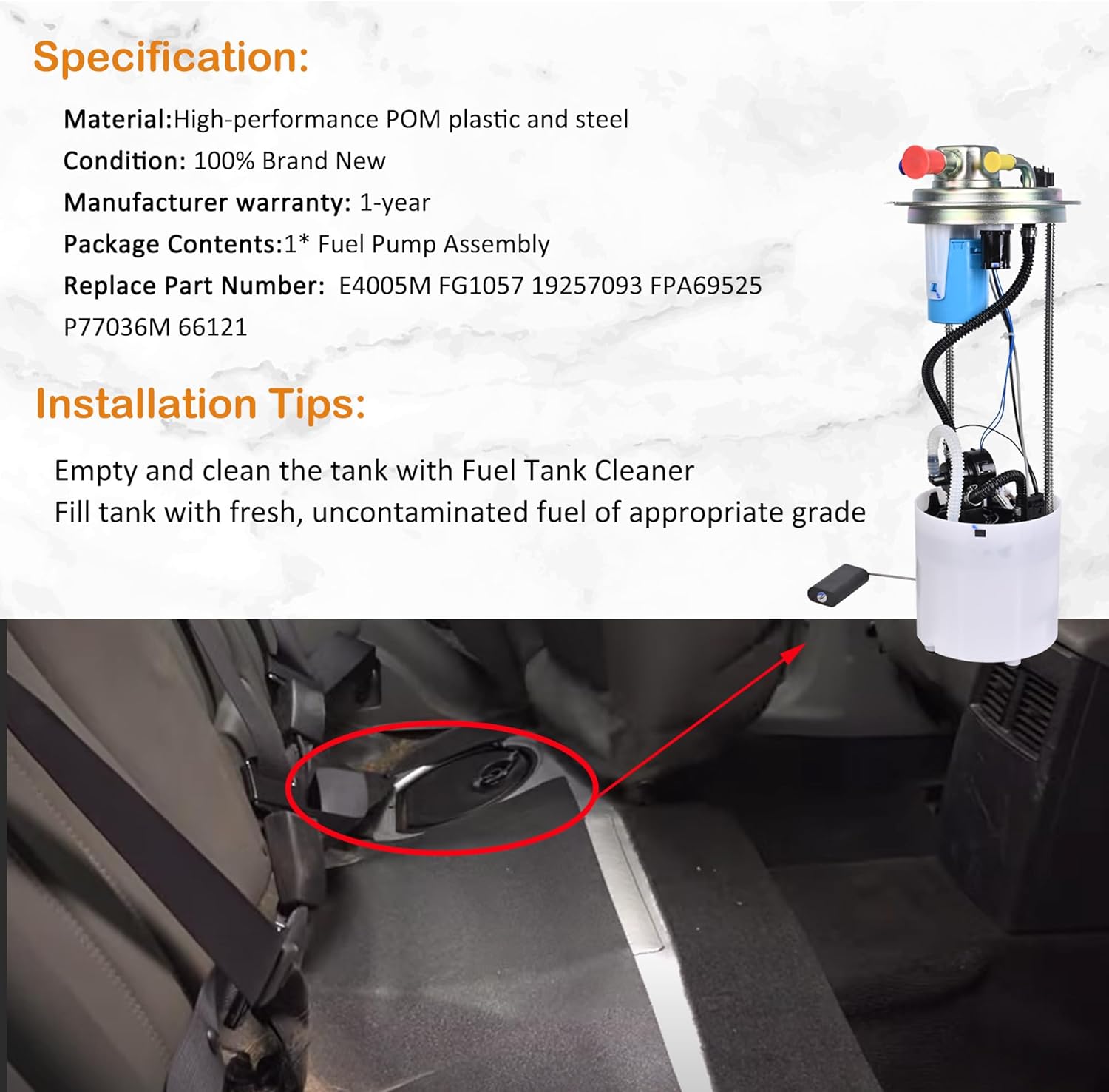 Fuel Pump Assembly with Sending Unit E4005M Compatible with 2010 2011 2012 2013 Chevy Silverado 1500 & GMC Sierra 1500 V8 4.8L 5.3L 6.2L Replace# FG1057 19257093 FPA69525 P77036M 66121