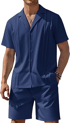 COOFANDY Conjunto corto de 2 piezas para hombre, camisa con botones Guayabera, casual, trajes de playa de verano