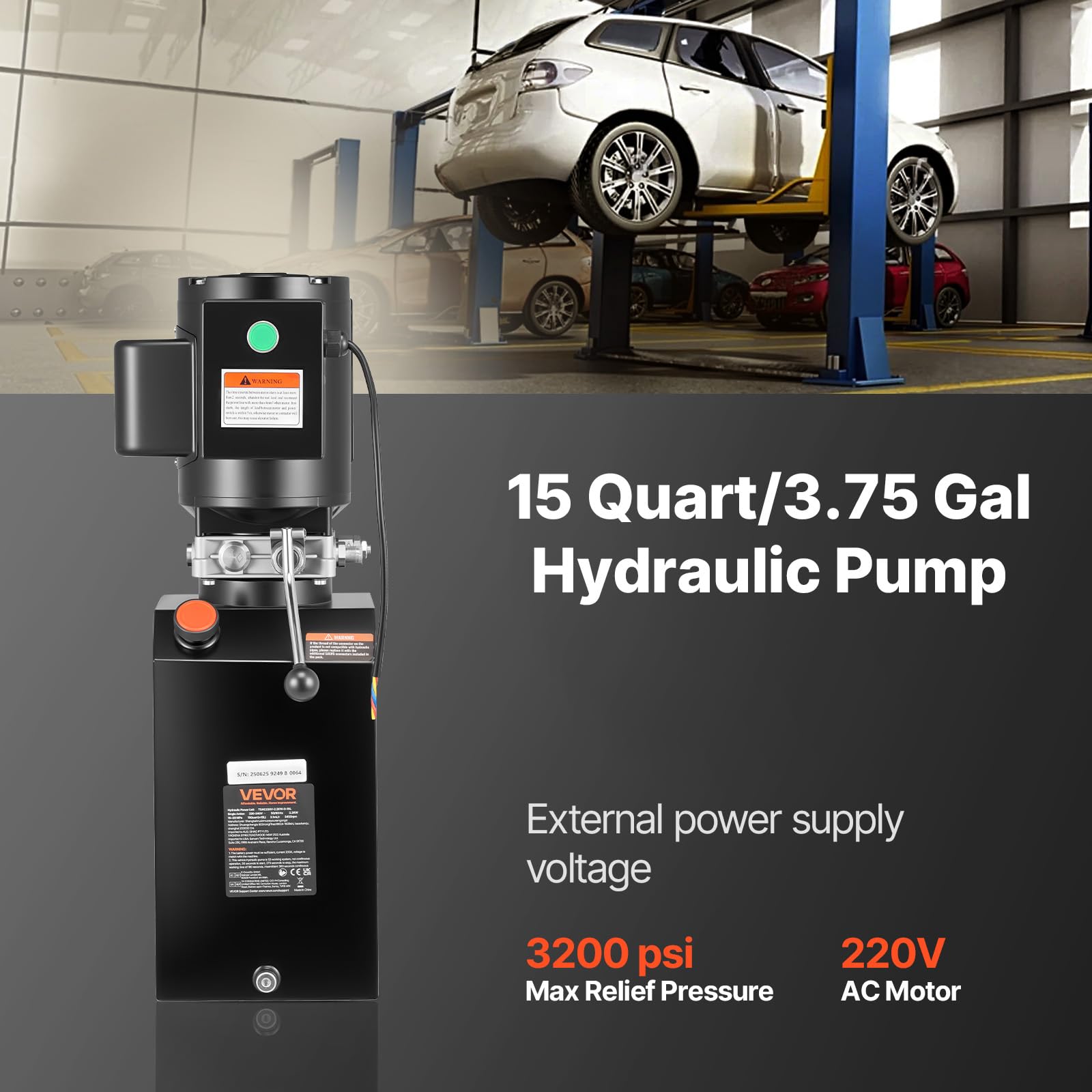 VEVOR Pompa Idraulica CA 220 V, Centralina Idraulica a Semplice Effetto Portata Olio 6,3 L/min, Pressione di Scarico max. 22 MPa per Autocarri con Cassone Ribaltabile, Elevatore, Auto
