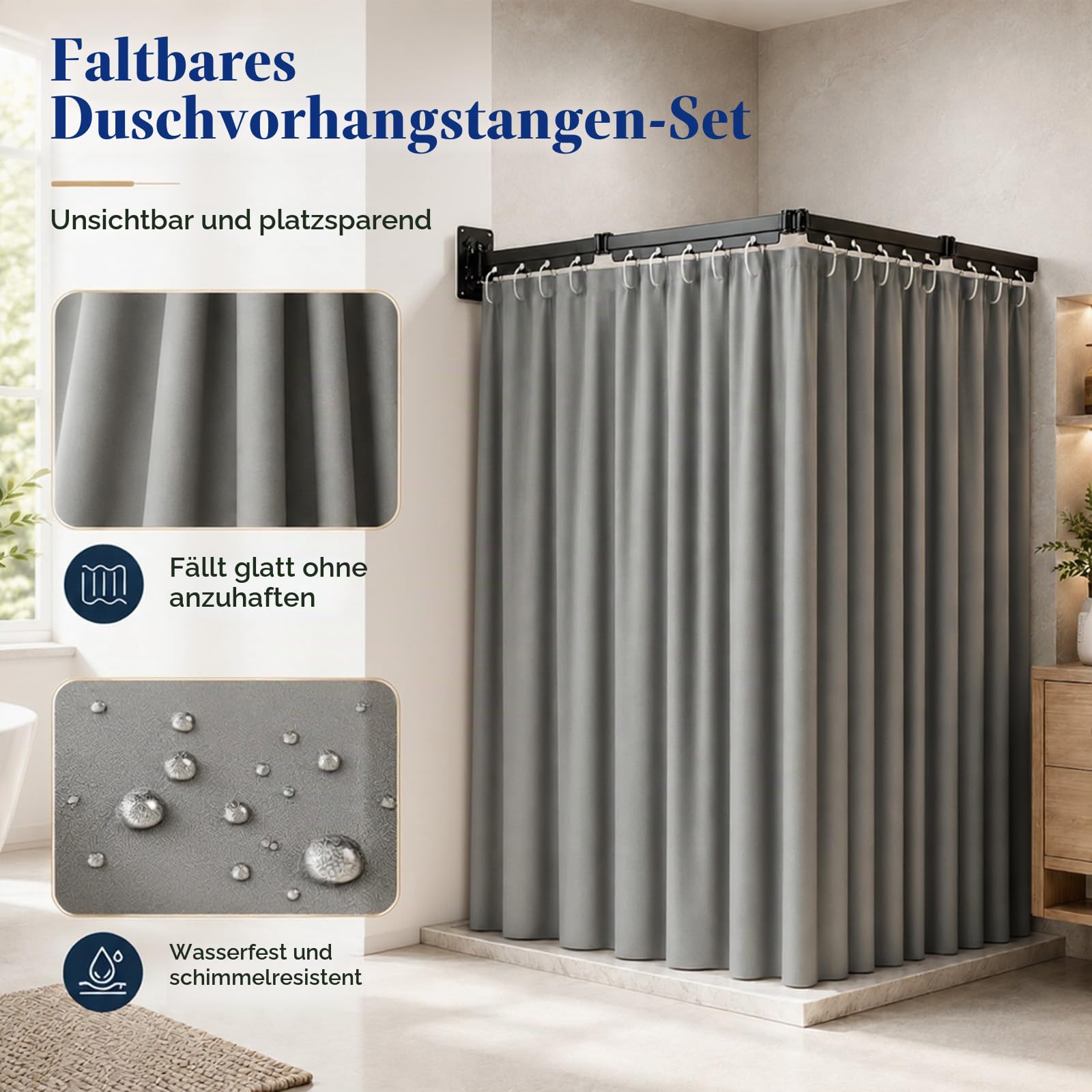 Duschvorhang ohne Bohren, Faltbare Duschvorhangstange, Eckvorhangstange mit Saugnapf, L-Form U-Form, 120 cm, viergeteiltes Klappdesign, für Eckdusche, Badewanne, Wohnmobil