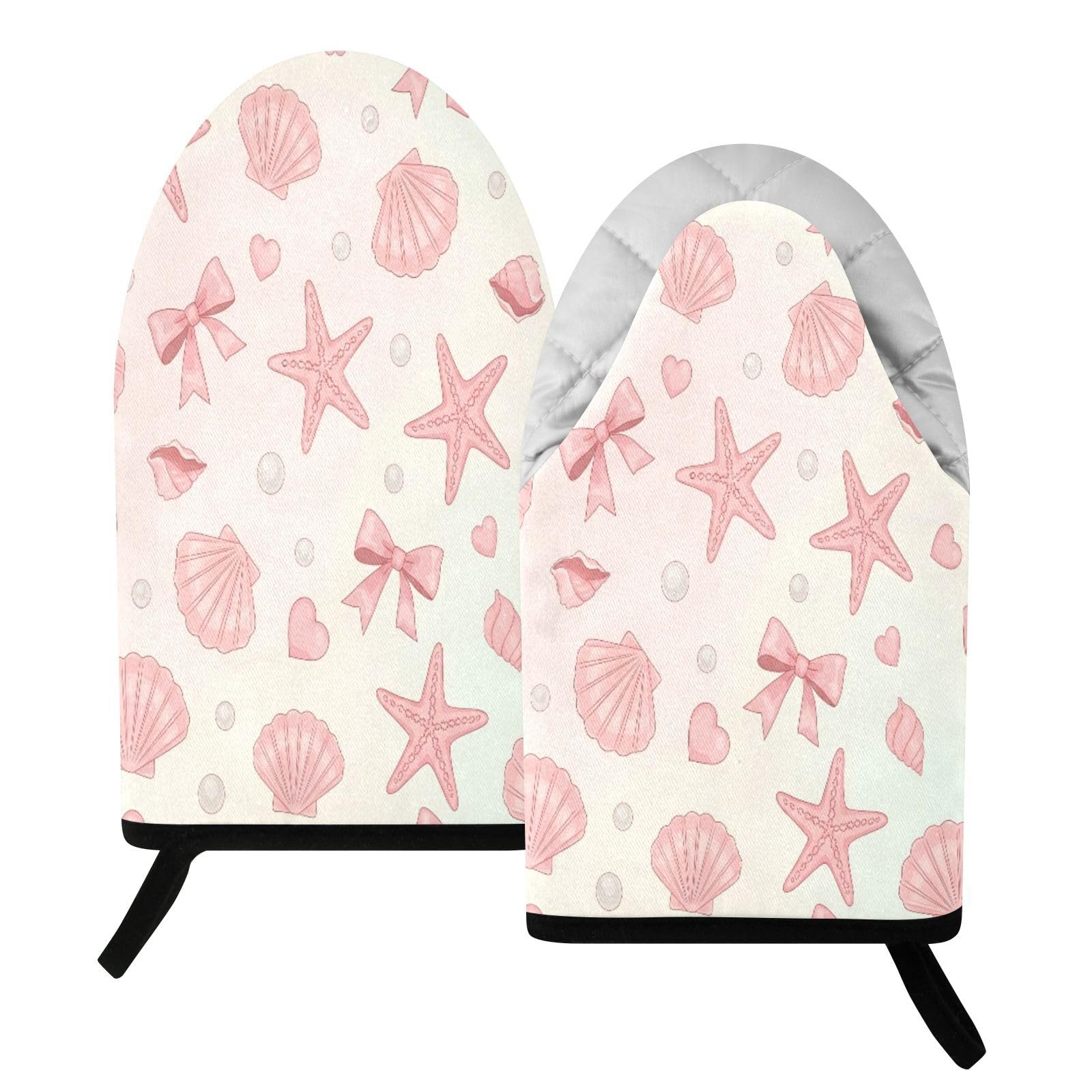 BURSTDDY Seashells and Bows Oven Mitt,Heat Resistant Kitchen Mitts for Cooking