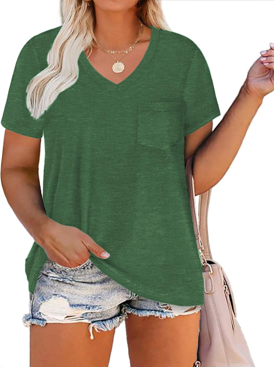 DOLNINE Plus-Size Tops for Women V Neck T Shirts Summer Tunics with Pocket - Image 2