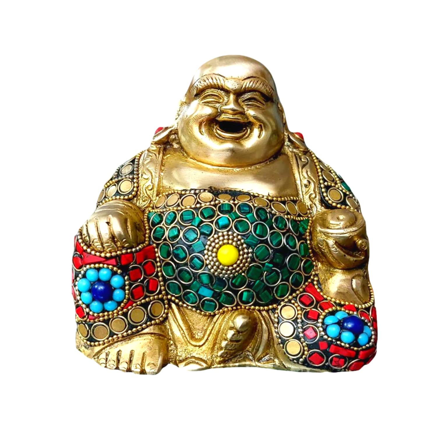 Exclusive Laughing Buddha Happy Man Figurine for Good Luck and Home Decor in Brass 13.97 cm - Decorations Items for Home Gifts (Multicolour, 15.24 X 8.89 X 13.97 cm)