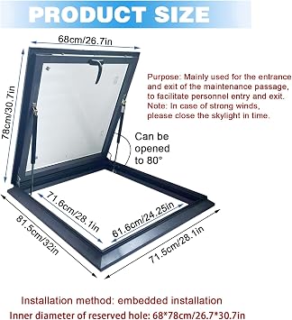 Skylight Roof Window, Tempered Glass Skylight Cover, Aluminum Alloy Frame & Hydraulic Rod, Egress Roof Window with Double-Layer Tempered Glass, for Roof, Attic, Basement, Sun Room, Warehouse (68*78cm)