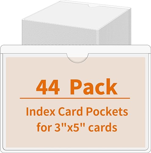 44 Pack Labels for Storage Bins, 3×5 Inches Index Card Holder Organizer, Clear Adhesive Pockets, Plastic Label Holders for Tote Library Card Bins Box Drawer Classroom Organization