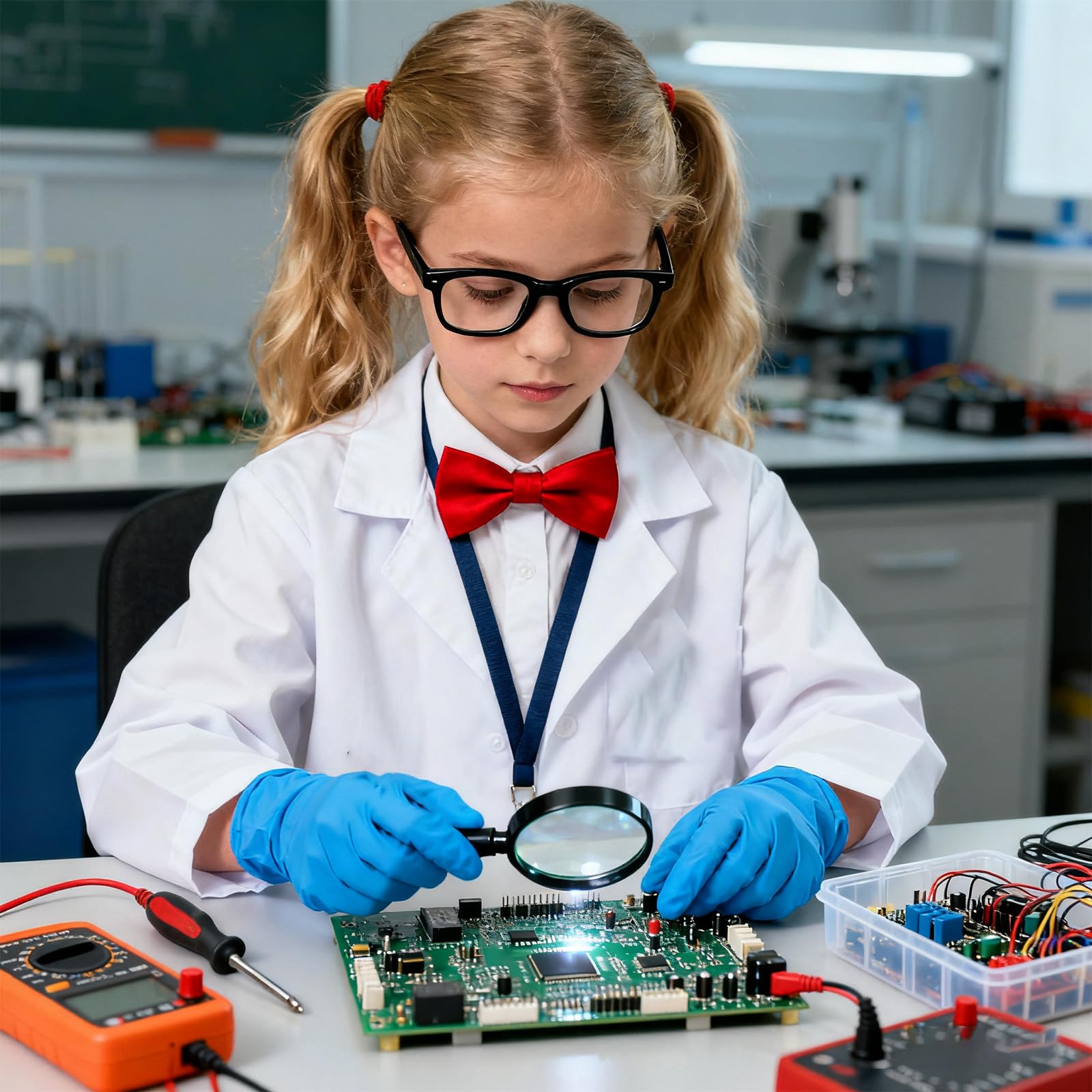 ASFWAGQ 6 Pcs Kids Scientist Costume Set Include Lab Coat,lasses,Gloves,Bowtie,Magnifier and ID card,for Doctor Pretend Play Science Week Dress Up (M) - Image 4