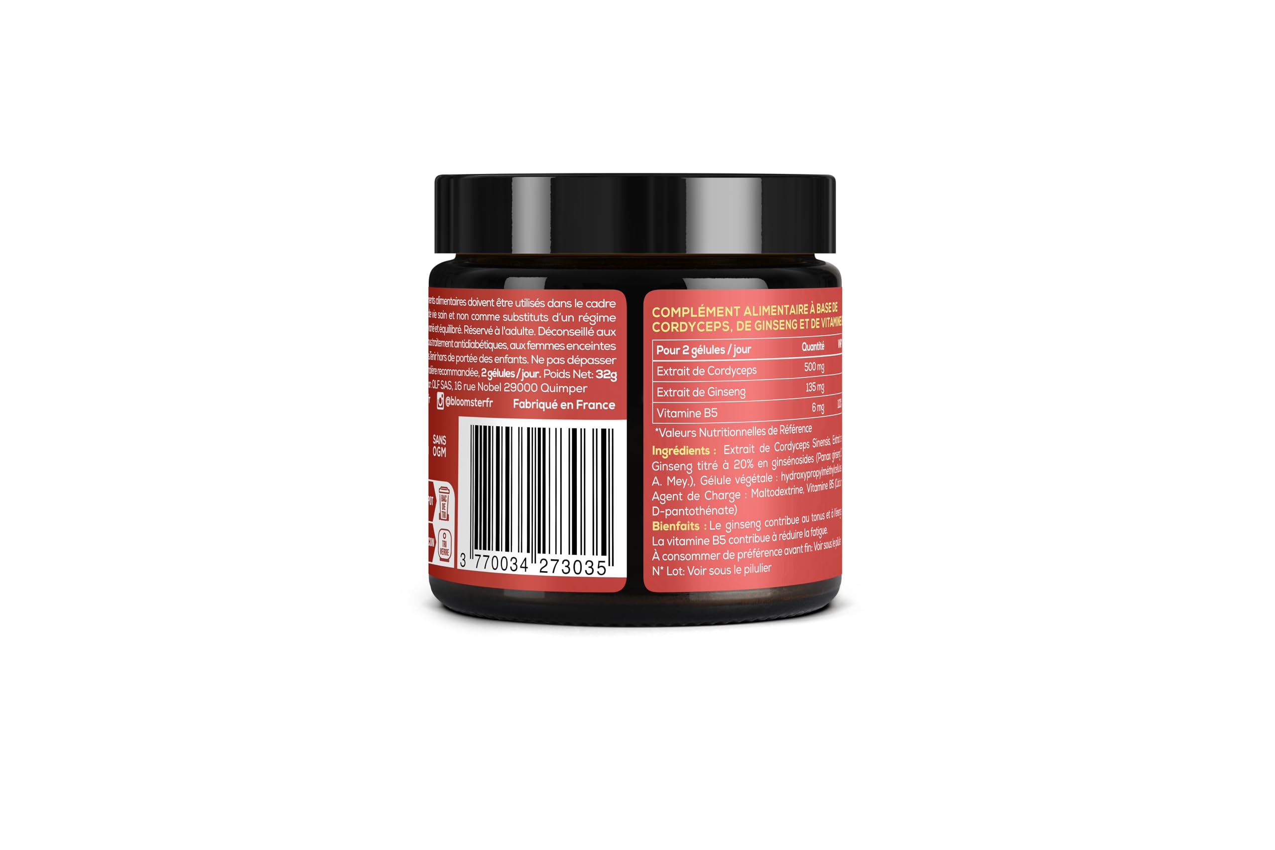 Cordyceps - Complexe Adaptogène Boost Energie & Libido - Avec Ginseng & Vitamine B5-56 Gélules Vegan - Sans Gluten ni Lactose