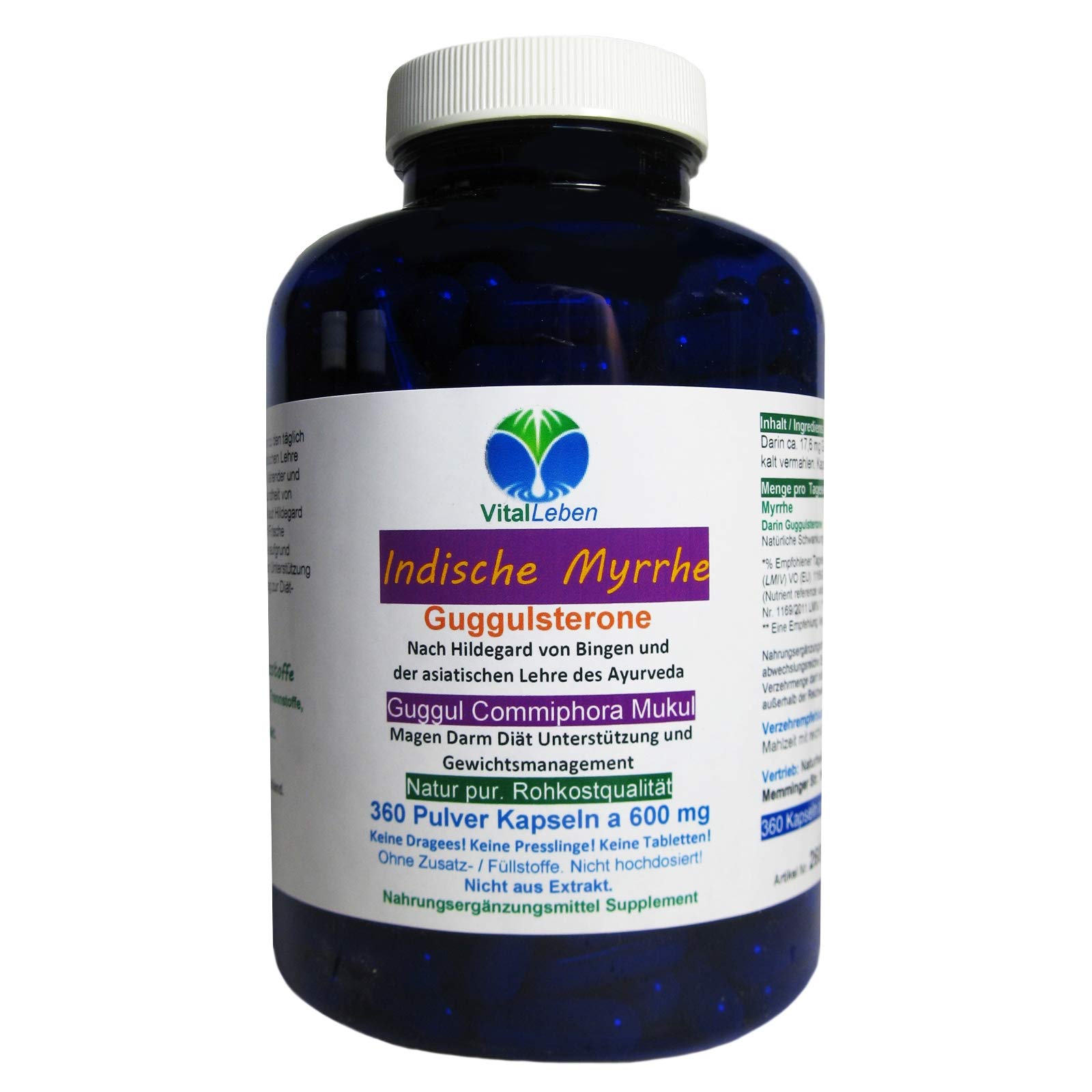 GUGGUL Indische MYRRHE Ayurveda Guggulsterone 360 Pulver Kapseln - Commiphora Mukul Premium Qualität. NATUR PUR - OHNE ZUSATZSTOFFE - OHNE FÜLLSTOFFE. Abgefüllt in Deutschland. 26810-360