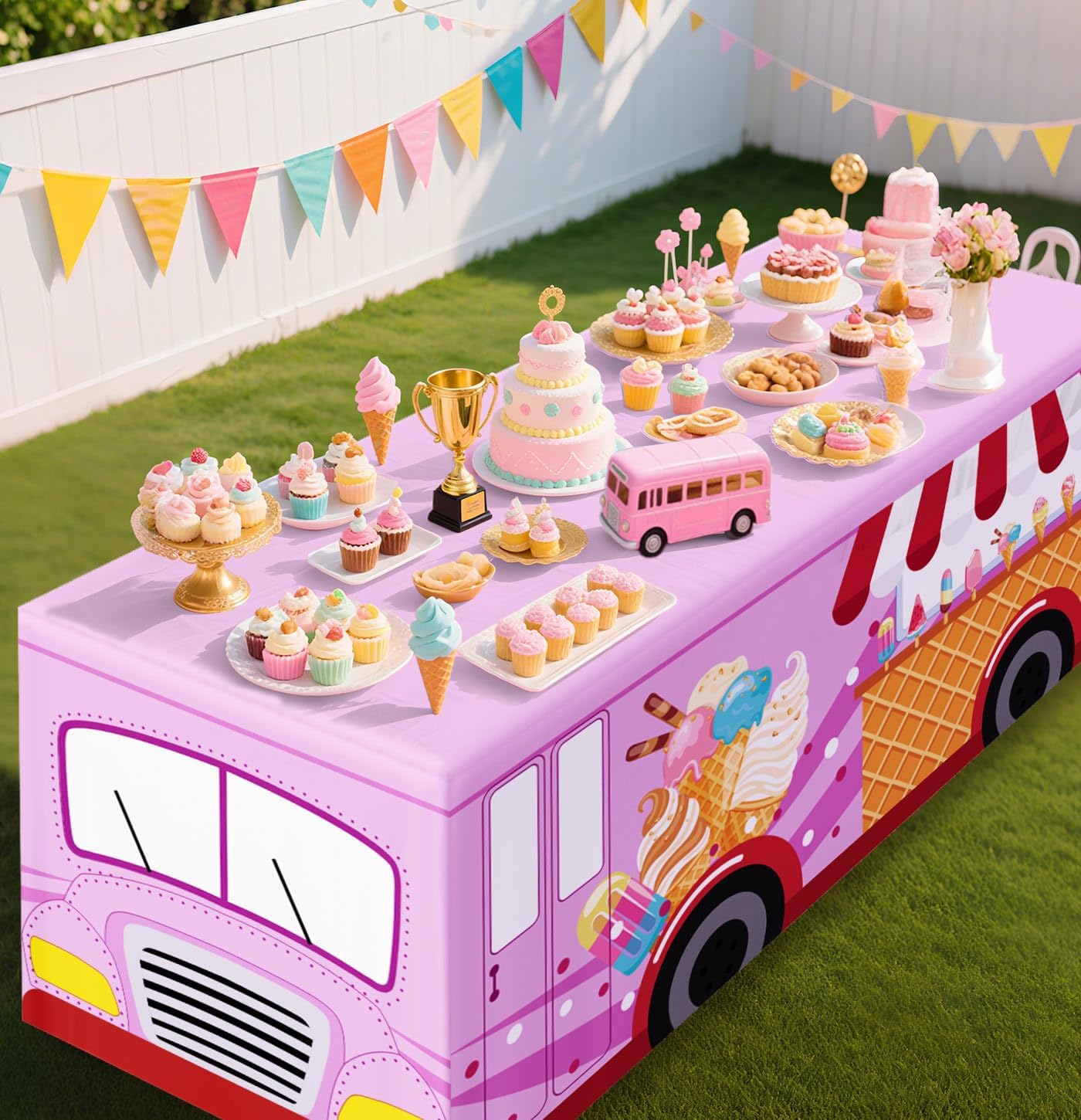 6 FT Ice Cream Truck Tablecloth Ice Cream Table Cloth Washable Fabric Polyester Rectangle Table Cover for Baby Shower Sweet One Birthday Donut Themed Party Decorations