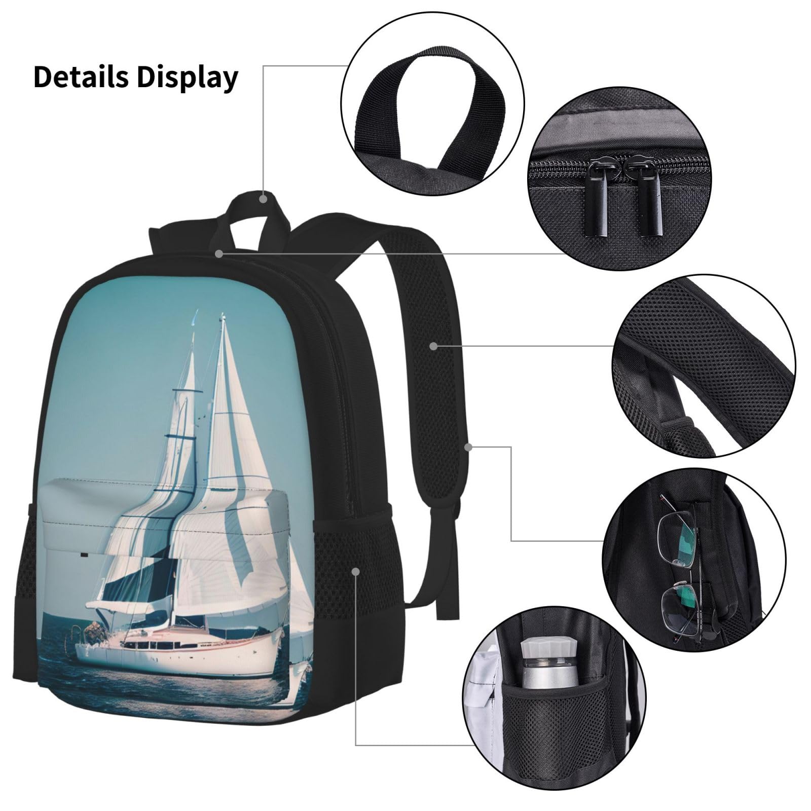 Juego de mochila 3 en 1 con estampado de paisaje de velero con bolsa de almuerzo y estuche, adecuado para trabajo, picnic, viajes, Negro -, Talla única