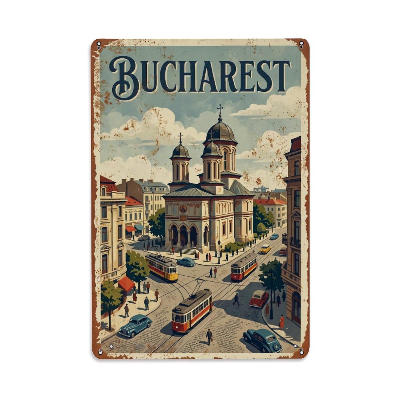 Vintage Travel Bucharest Piata Sfantul Stefan Square Romania Metal Tin Sign Plaque Wall Decor for Cafe, Club Bar, Office, Home Garden Metal Poster 8x12Inch