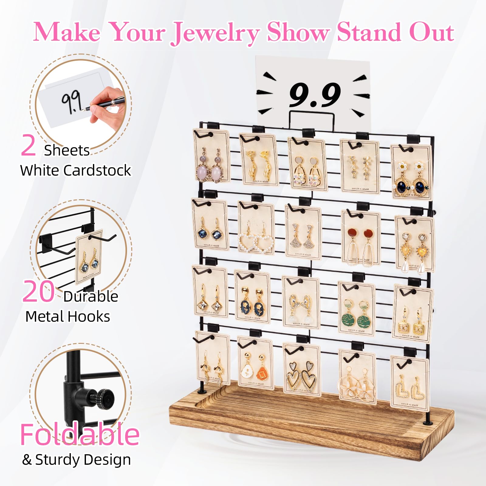 Support Boucle d'oreille, Presentoir Boucle d'oreille avec 20 Trous, 33x13x41CM Rangement Bijoux & Presentoir Bijoux Femme (Métal & Bois)