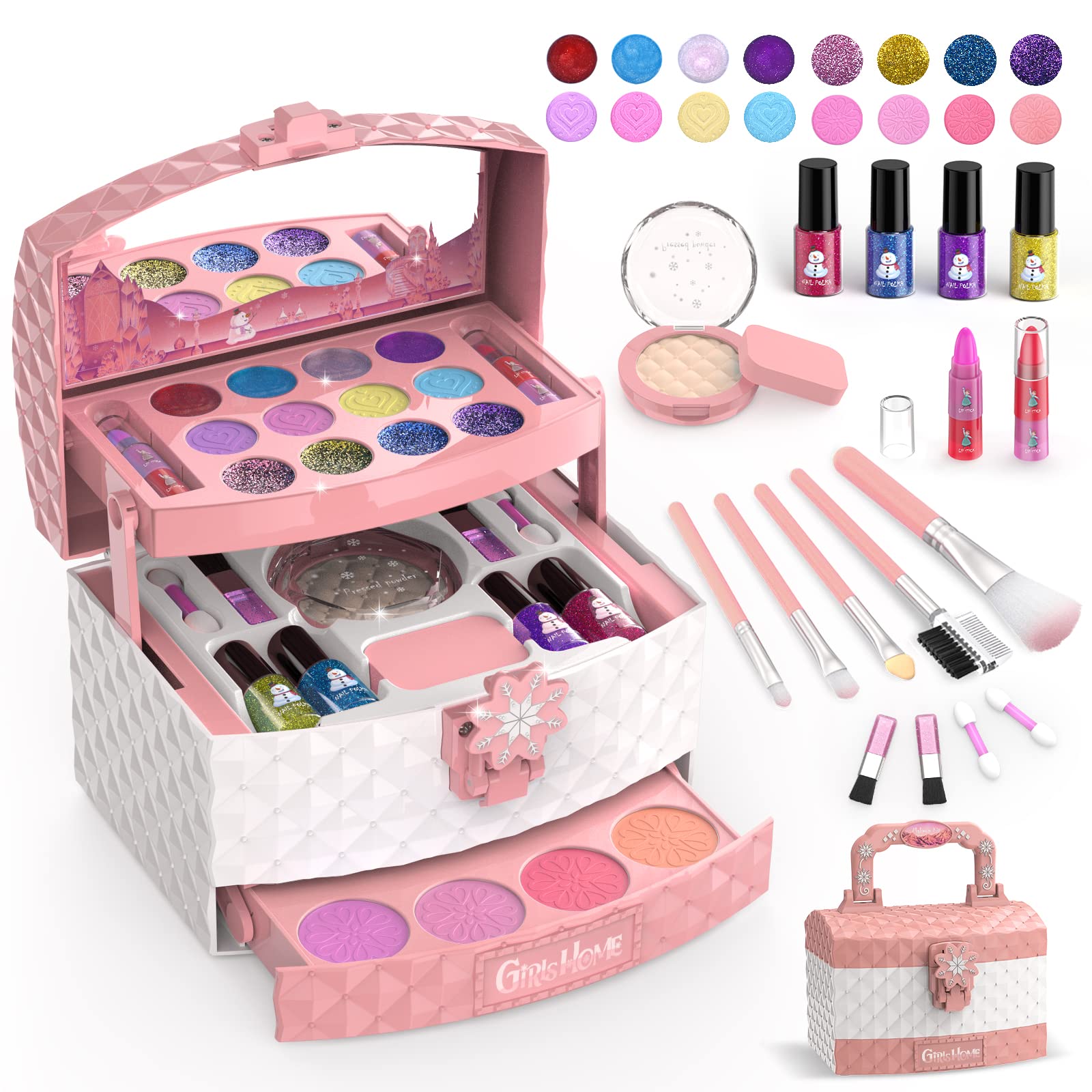 GirlsHome Kids Makeup Kit for Girl 35 Pcs Washable Toddler Makeup Kit, Girl Toys Real Cosmetic Little Girls Makeup Set, Safe & Non-Toxic Frozen Makeup Set for 3-12 Year Old Kids Birthday Gift (Pink)