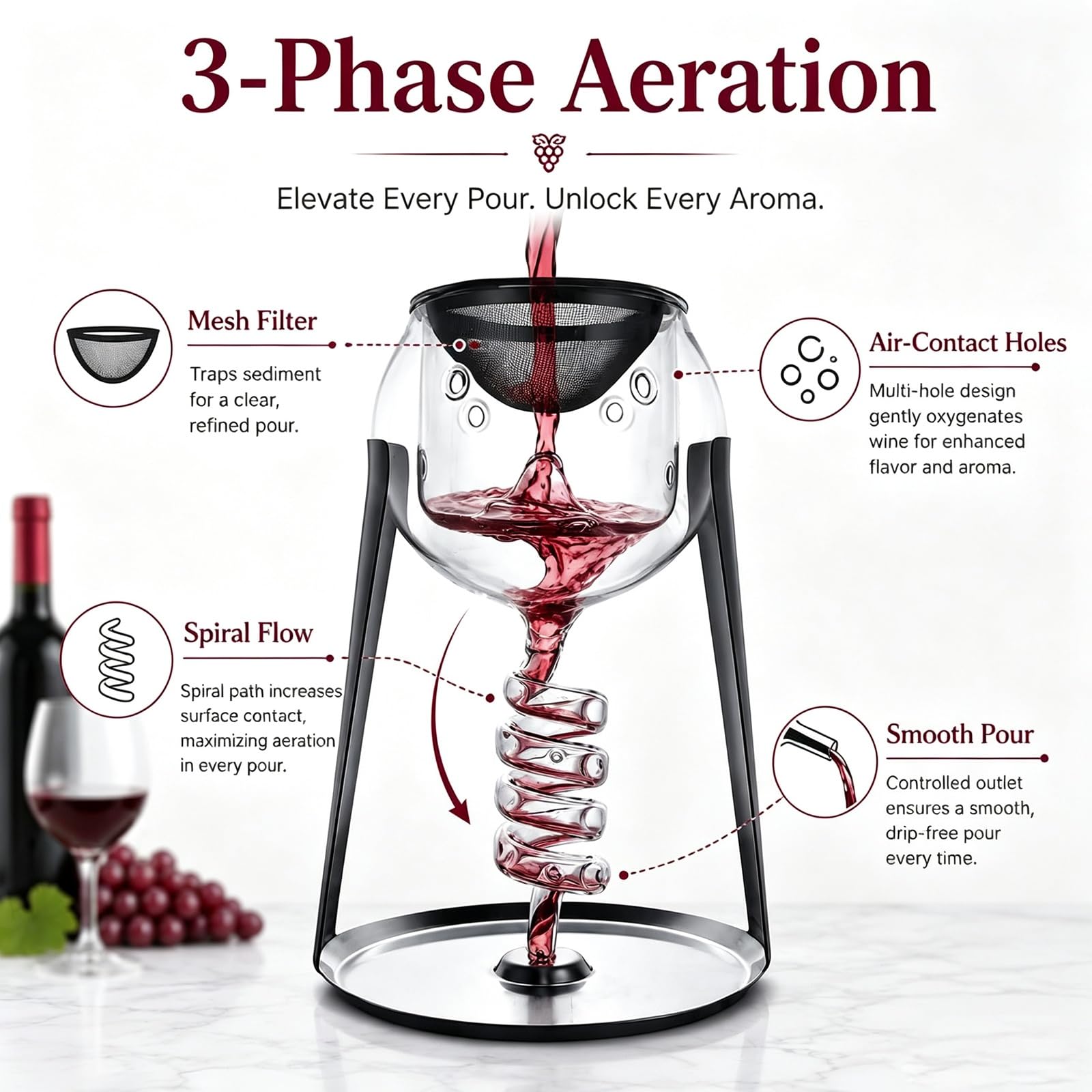 Aérateur de vin en verre, modèle à spirale avec filtre et support