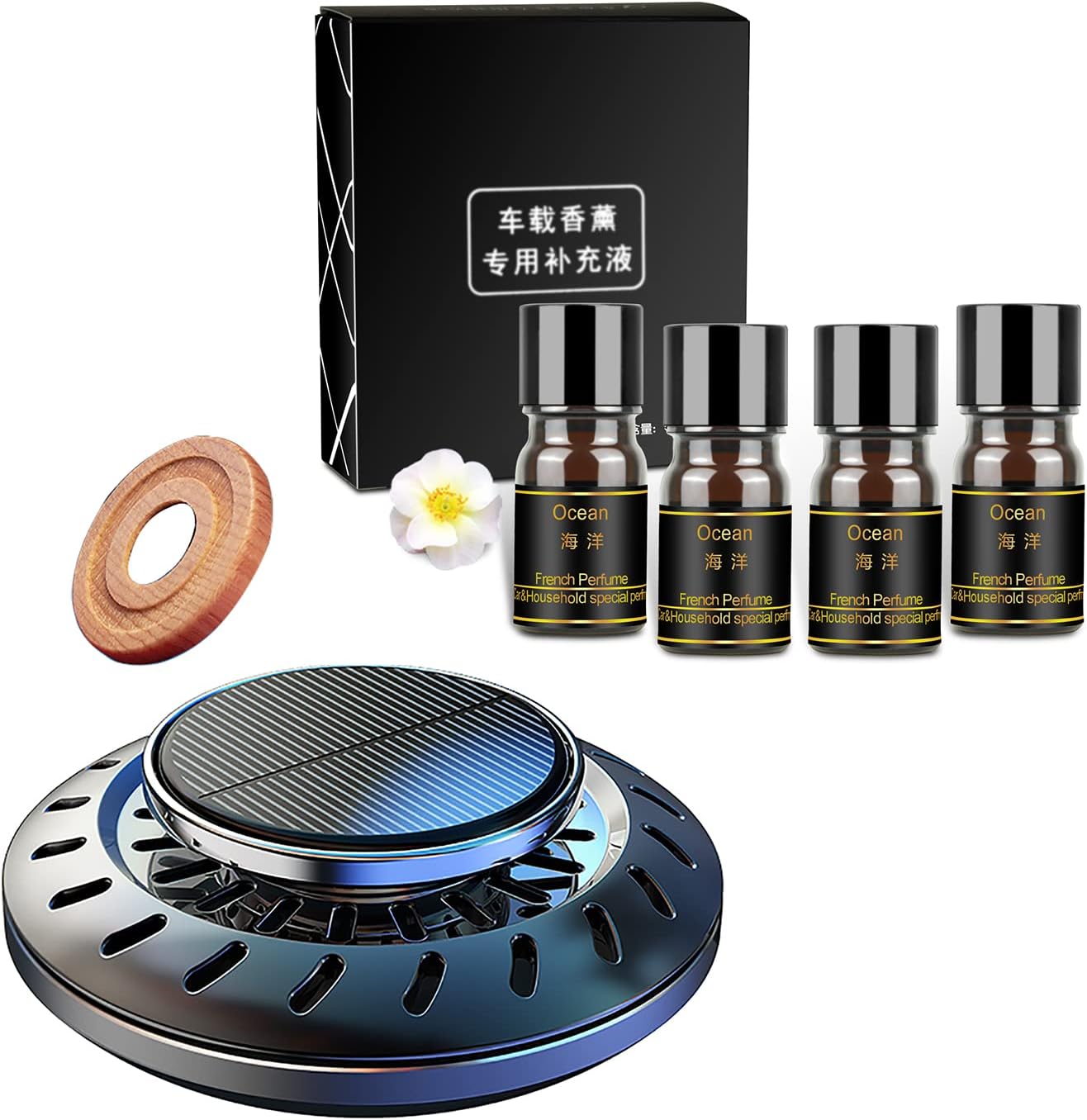 Kwak's Car Air Freshener,Rotating Solar Aromatherapy Essential Oil Diffuser Scent with Extra 4 Bottle Solar Car Air Freshener Refill