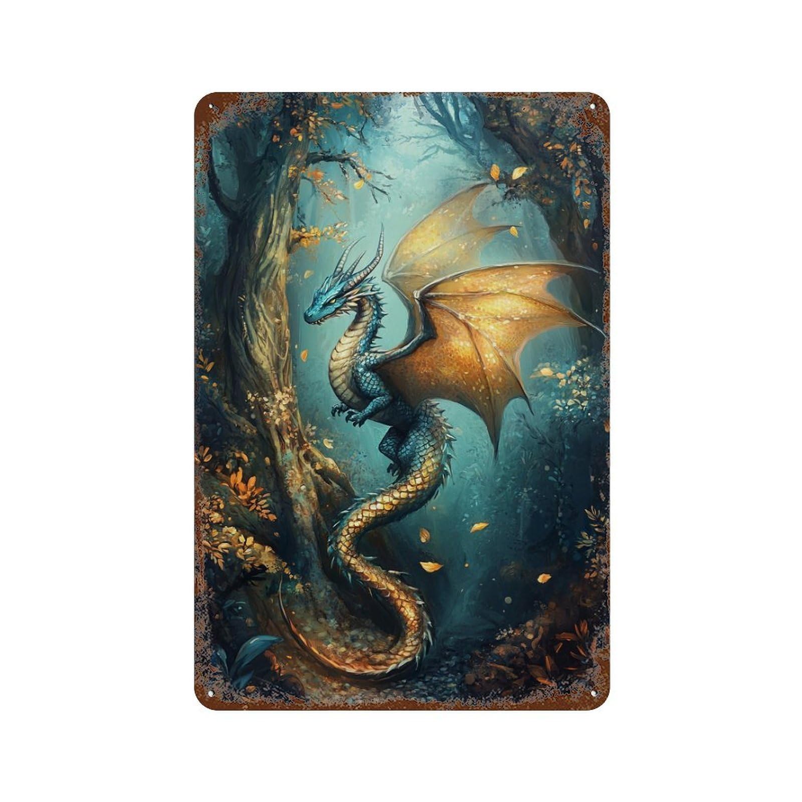 Distressed Metal Wall Sign Fantasy Dragon Forest Scene-3 11.8"x7.9", Old School Wall Decor for Bistro, Counter And Cafe Decor