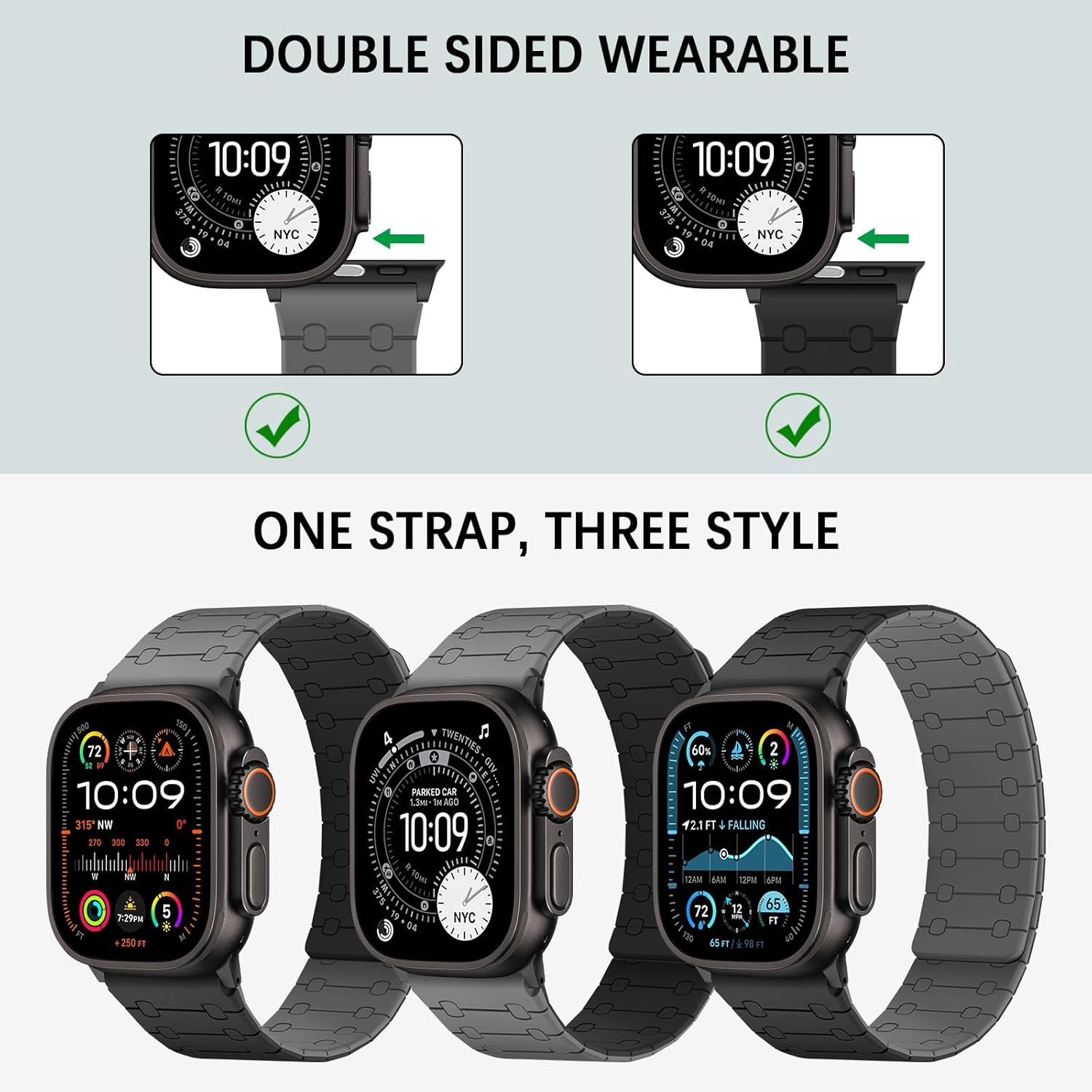 Double Sided Wearable Magnetic Band Compatible with Apple Watch Band 49mm 46mm 45mm 44mm 42mm for Men Women, Soft Silicone Strap for iWatch Ultra SE Series 11 10 9 8 7 6 5 4 3, Black-Gray - Image 2