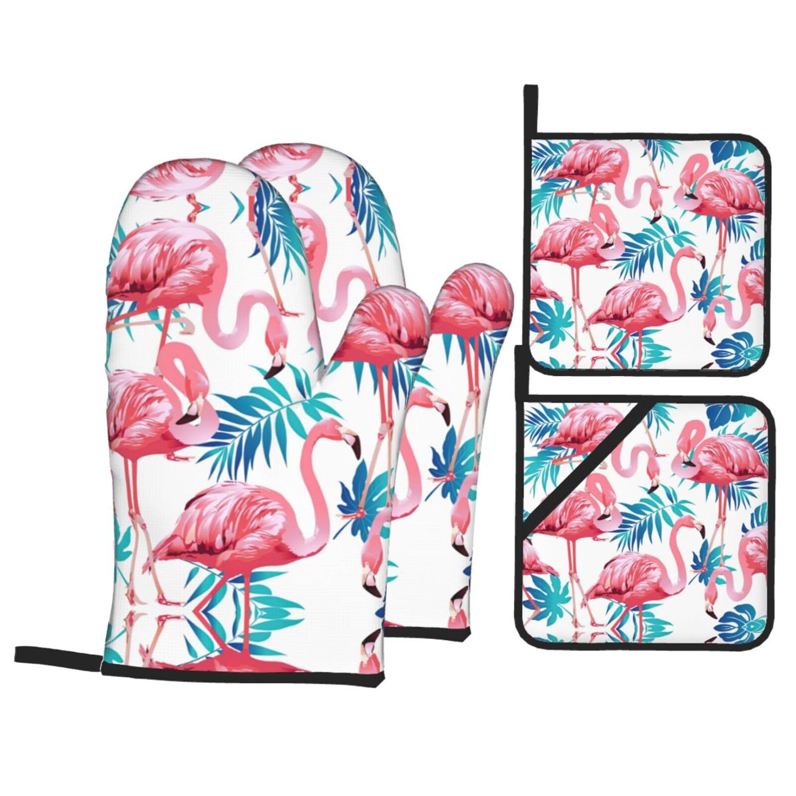 Flamingo bird Green Plant Leaf Print Oven Microwaving Waterproof Kitchen Gloves for Baking Grilling Holiday Cooking