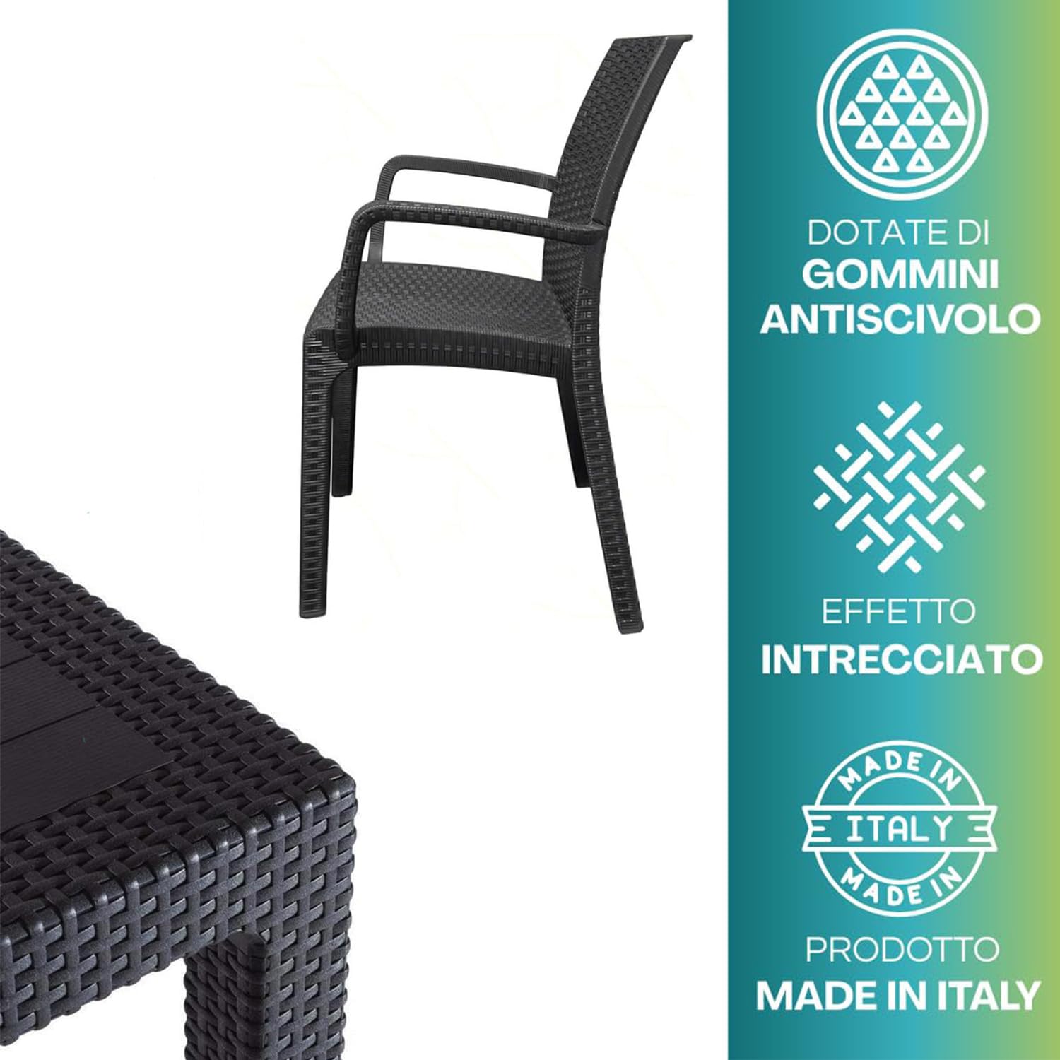 PALUPLUS Set Tavolo Quadrato con 4 Sedie Rattan in Plastica color Antracite, Misura Tavolino 79x79x72 cm, Sedia CON Braccioli, Arredo per Esterno, Terrazzo -KIN024F/DUK702F-23