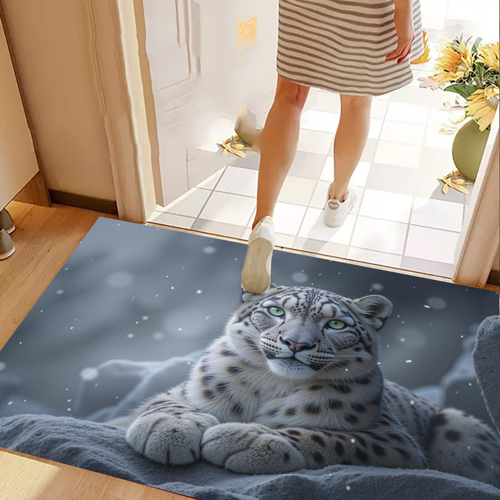 Tapete Blanco Grisáceo Leopardo De Las Nieves De Roca Puerta Felpudo De Entrada Exterior Atrapar Suciedad Alfombra Animales Realistas Para Interior Jardines Cocina Pasillo Trasera Delantera,90X150Cm