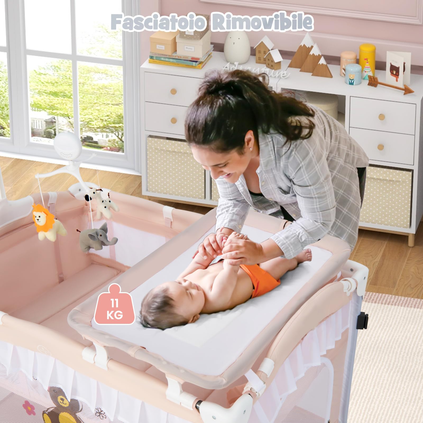 COSTWAY Lettino da Campeggio per Bambini, Culla Pieghevole con Fasciatoio Zanzariera, Box Neonati con Giocattoli, Ruote, per Bambini 0-36 Mesi (Rosa)