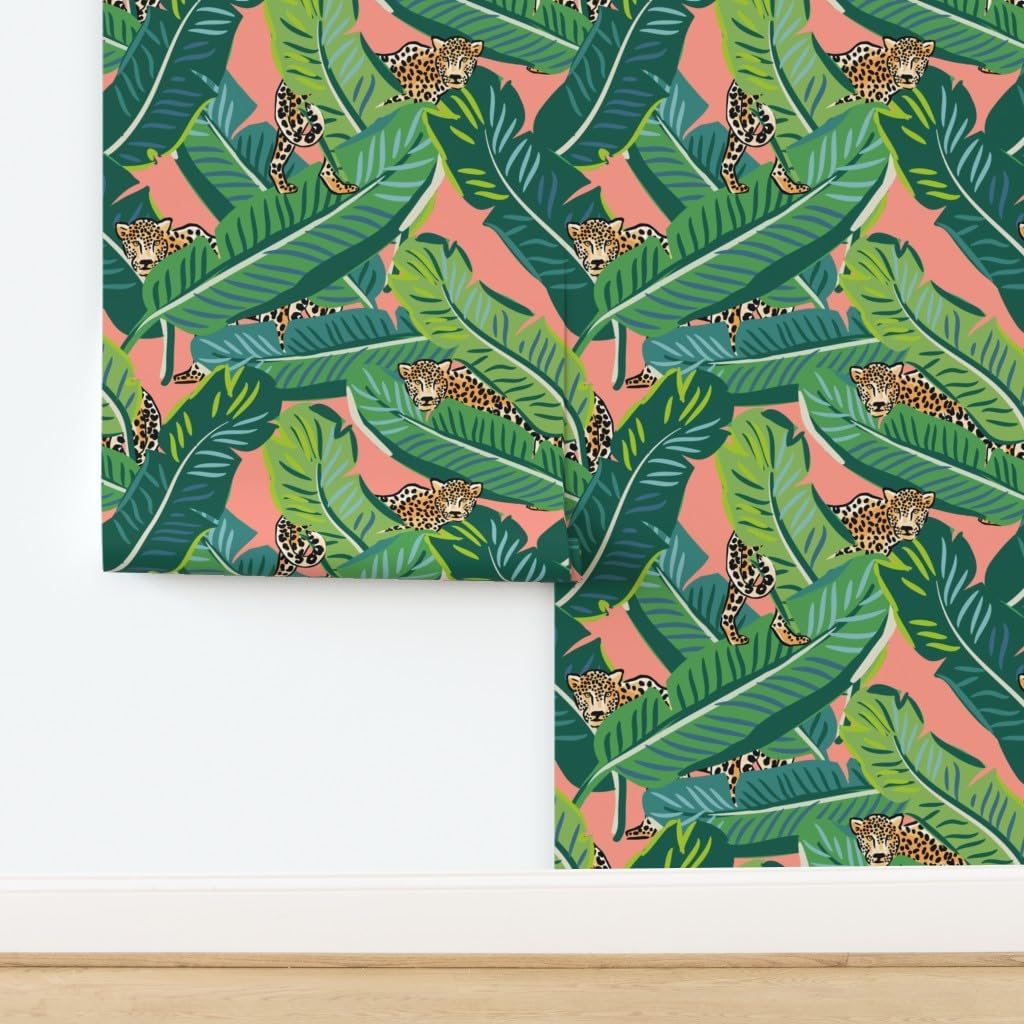 Peel & Stick Wallpaper 3ft x 2ft - Leopard Print Tropical Banana Leaves Bright Peach Tiger Safari Custom Removable Wallpaper by Spoonflower