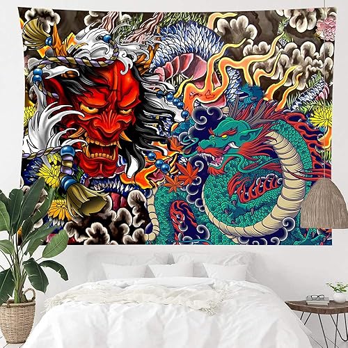 Miniatura 6 de Aidatain Tapiz de dragón japonés Oni para colgar en la pared, tapiz estético de anime para hombres, dormitorio, sala de estar, tela de franela, 60