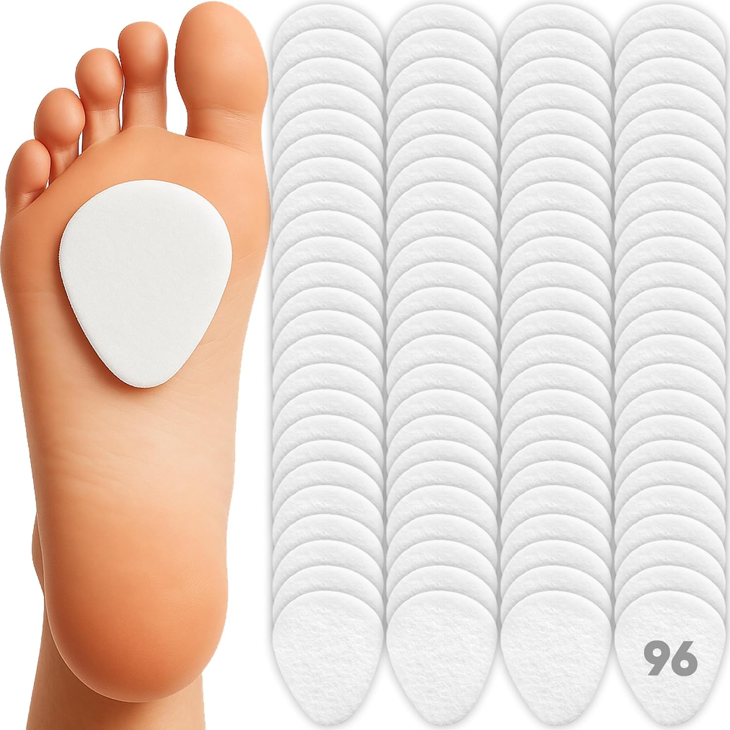 Metatarsal Pads for Women & Men (96 Pack) Ball of Foot Cushions for Pain Relief for All Shoe Type, Mortons Neuroma, Full Day Comfort, One Size Fits All, High Heel Cushion Pads (1/4” Thick)