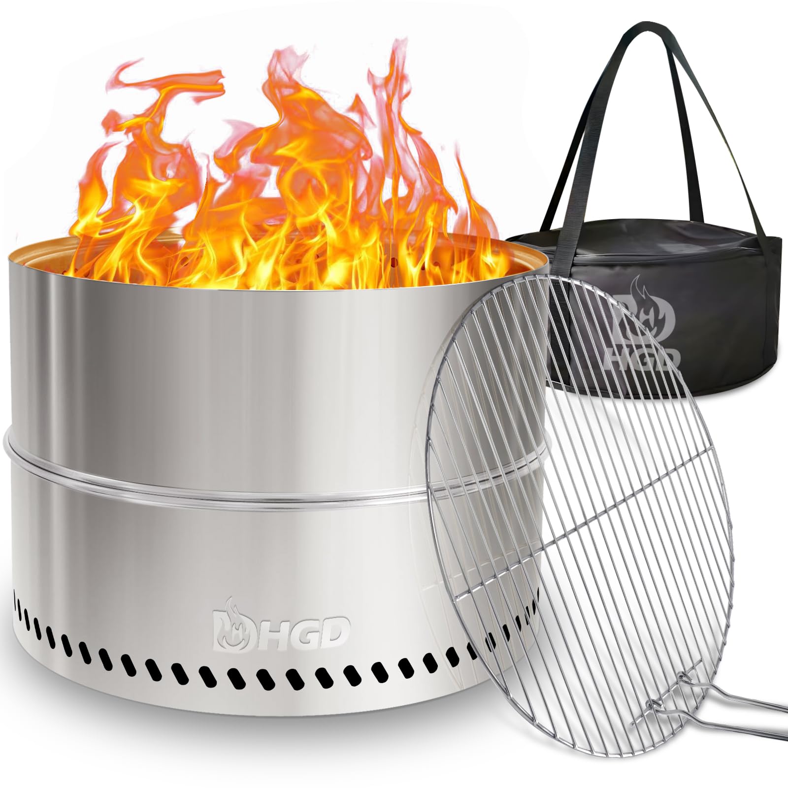 HGD 20 Inch Smokeless Firepit with Grill, Portable Wood Burning Fire Pit for Camping & Backyard, Stainless Steel Outdoor Fireplace with Travel Bag, Easy Setup & Compact Storage - Foldable Design