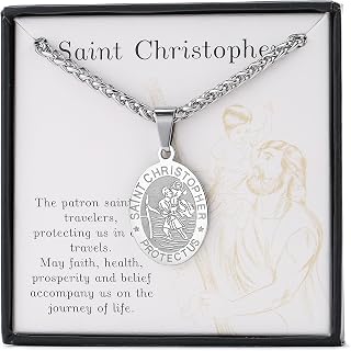 Oval St Christopher/Michael Medal Necklace for Men Boys, Stainless Steel Saint Patron Protect Us Pendant Jewellry Catholic Religious Gifts